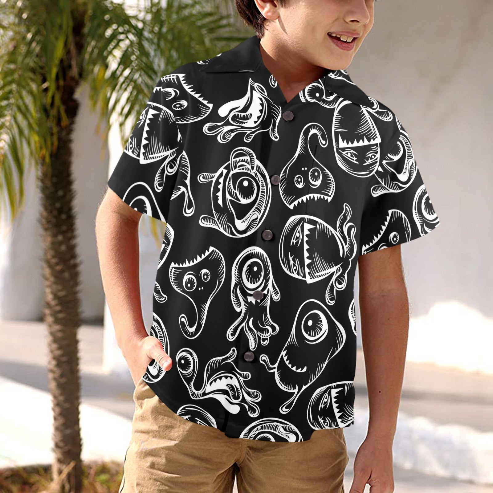 Monsters In Black And White - Junior Kids Hawaiian Shirt