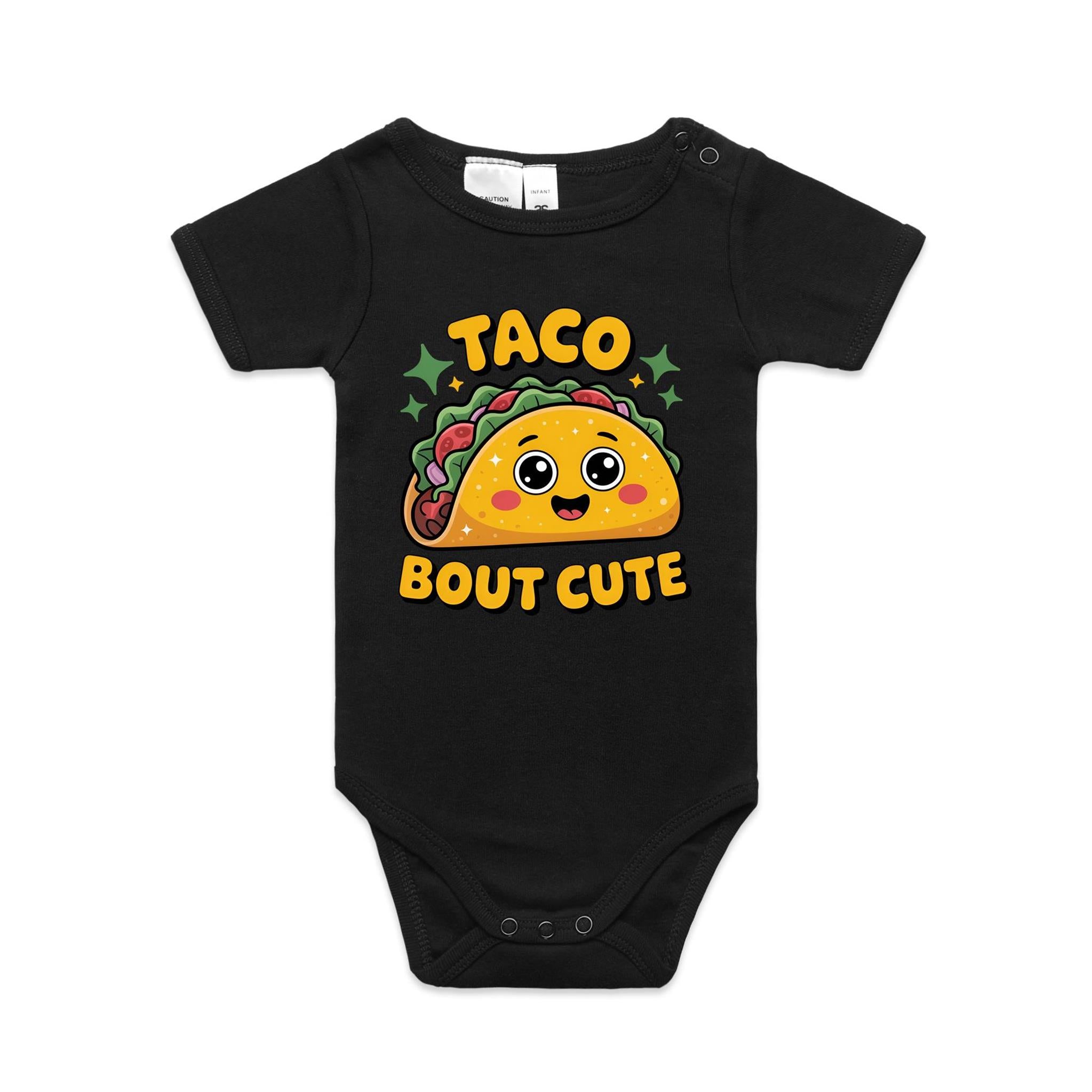 Taco Bout Cute AS Colour Baby Bodysuit Black Baby Bodysuit Food Printed In Australia