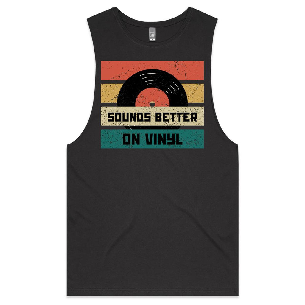 Sounds Better On Vinyl, Record Mens Men's AS Colour Drop Arm Tank Top Coal Drop Arm Tank Top Music Printed In Australia Retro
