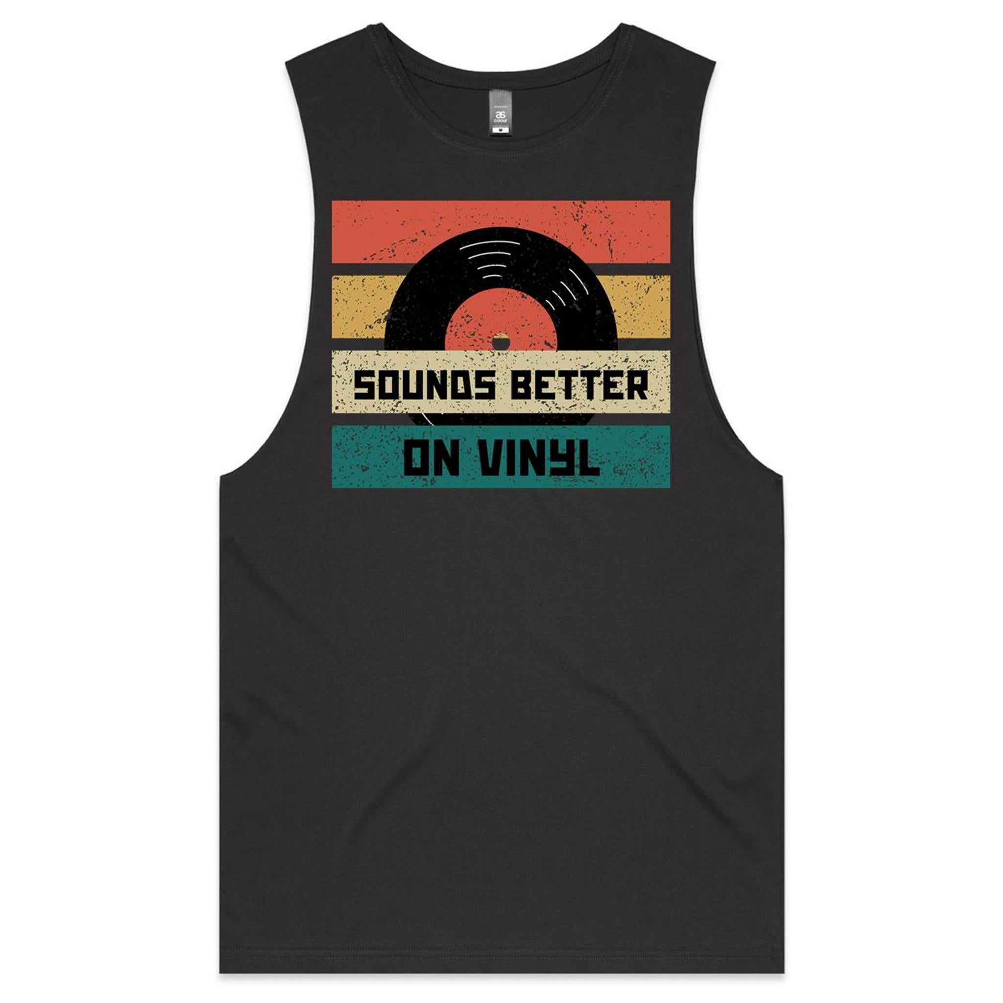 Sounds Better On Vinyl, Record Mens Men's AS Colour Drop Arm Tank Top Coal Drop Arm Tank Top Music Printed In Australia Retro