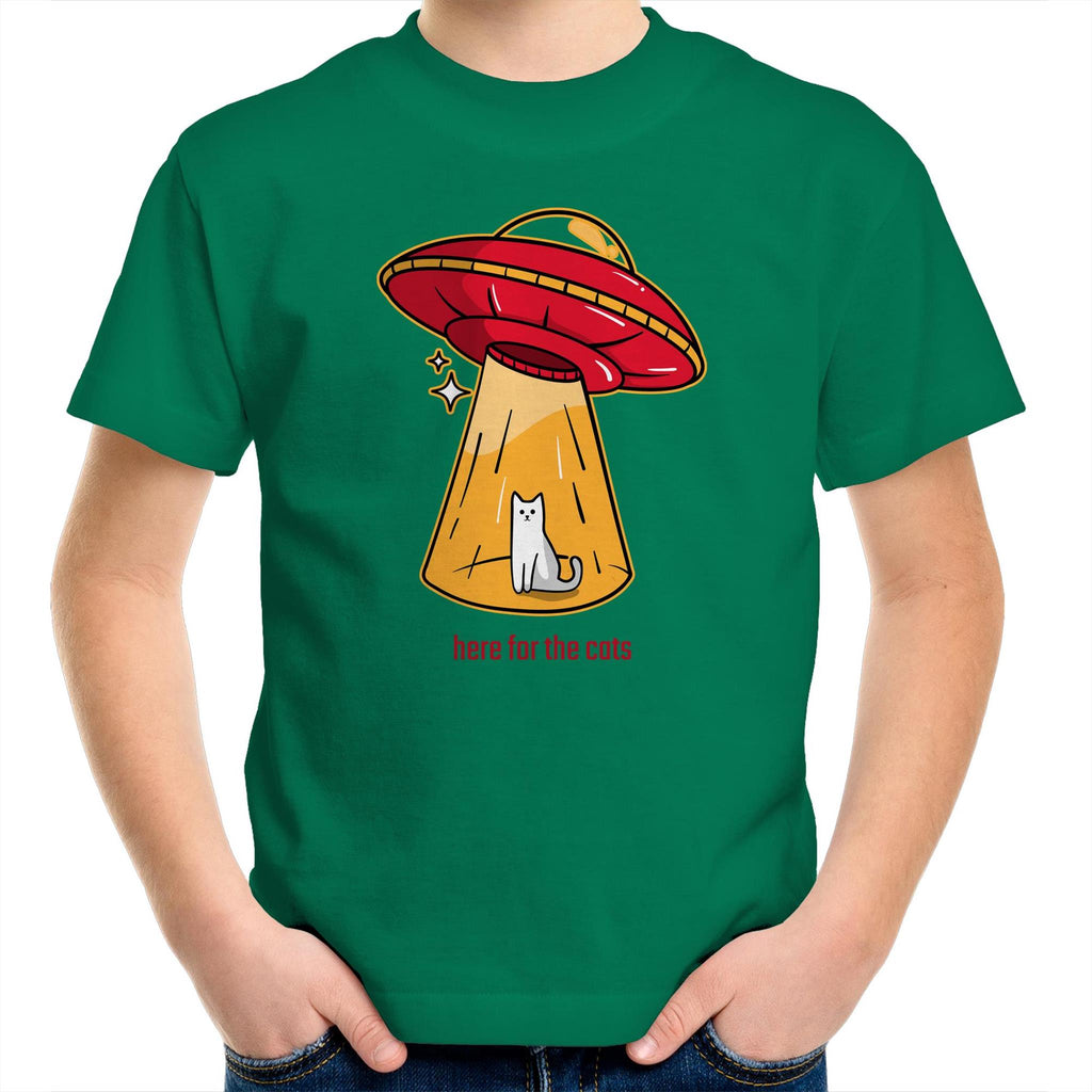 UFO, Here For The Cats - Kids Youth T-Shirt Kelly Green Kids Youth T-shirt animal Printed In Australia Sci Fi