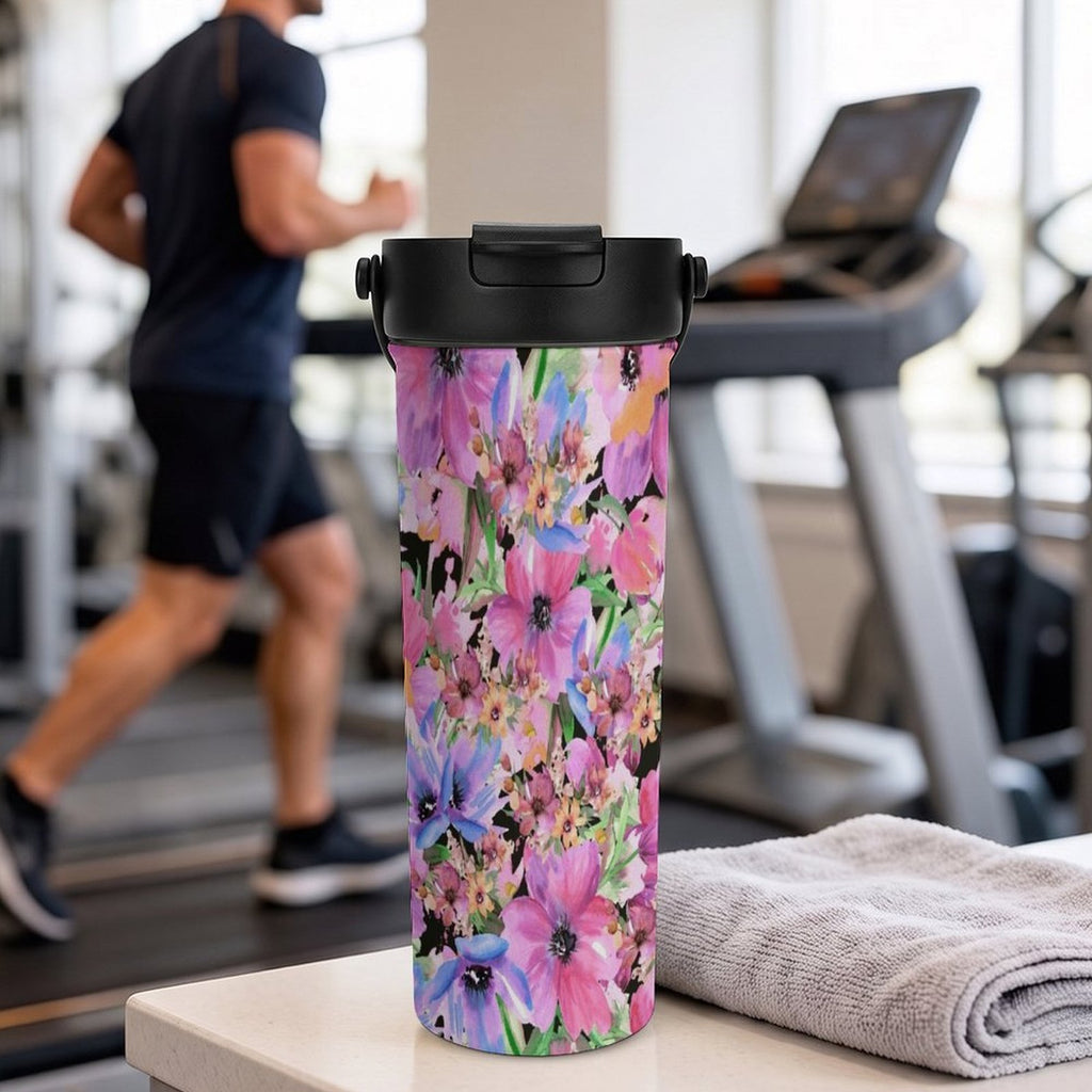 Bright Pink Floral 20oz Tea Tumbler with Carry Handle