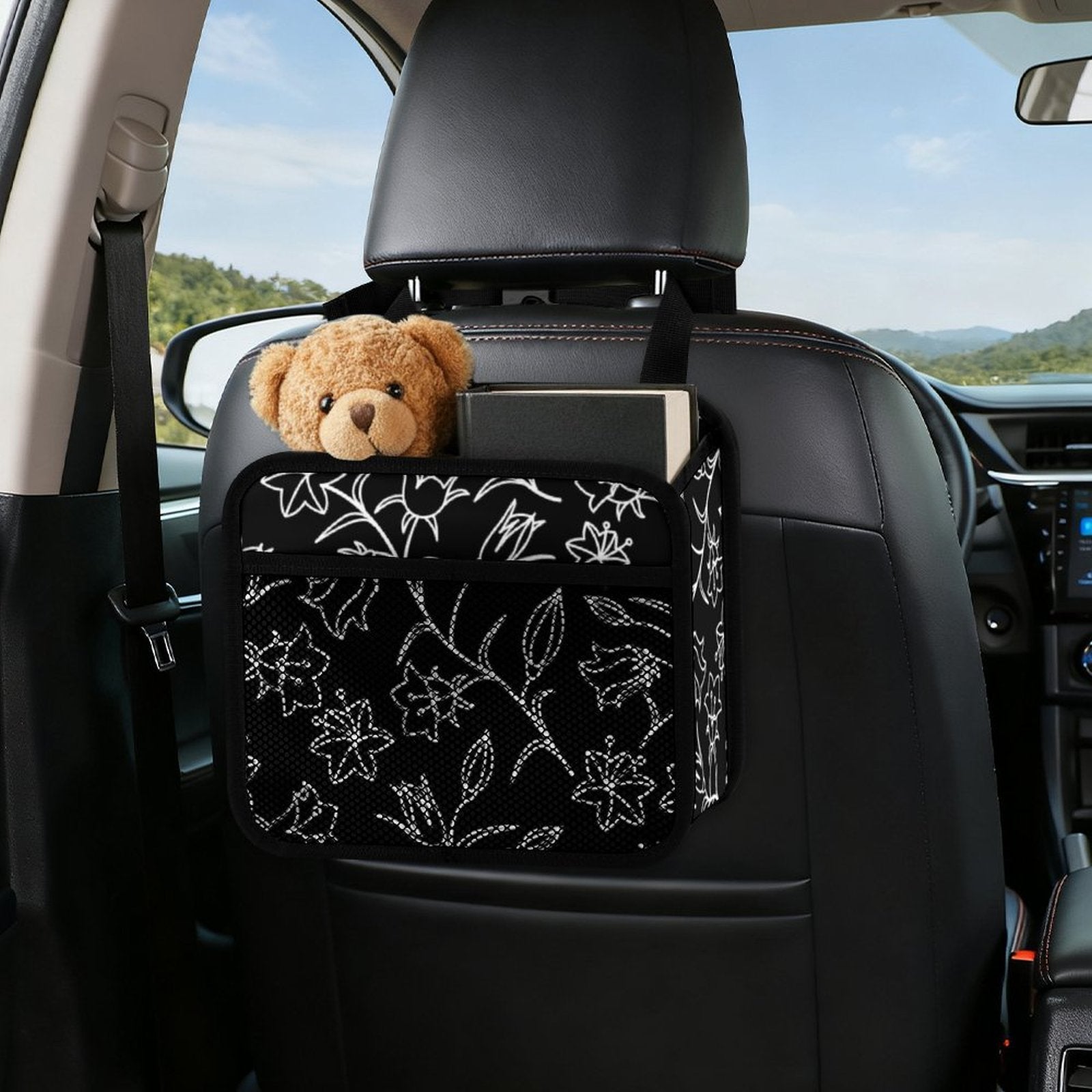 Black And White Floral Car Seat Back Organiser Car Seat Back Organiser Plants Printed Offshore