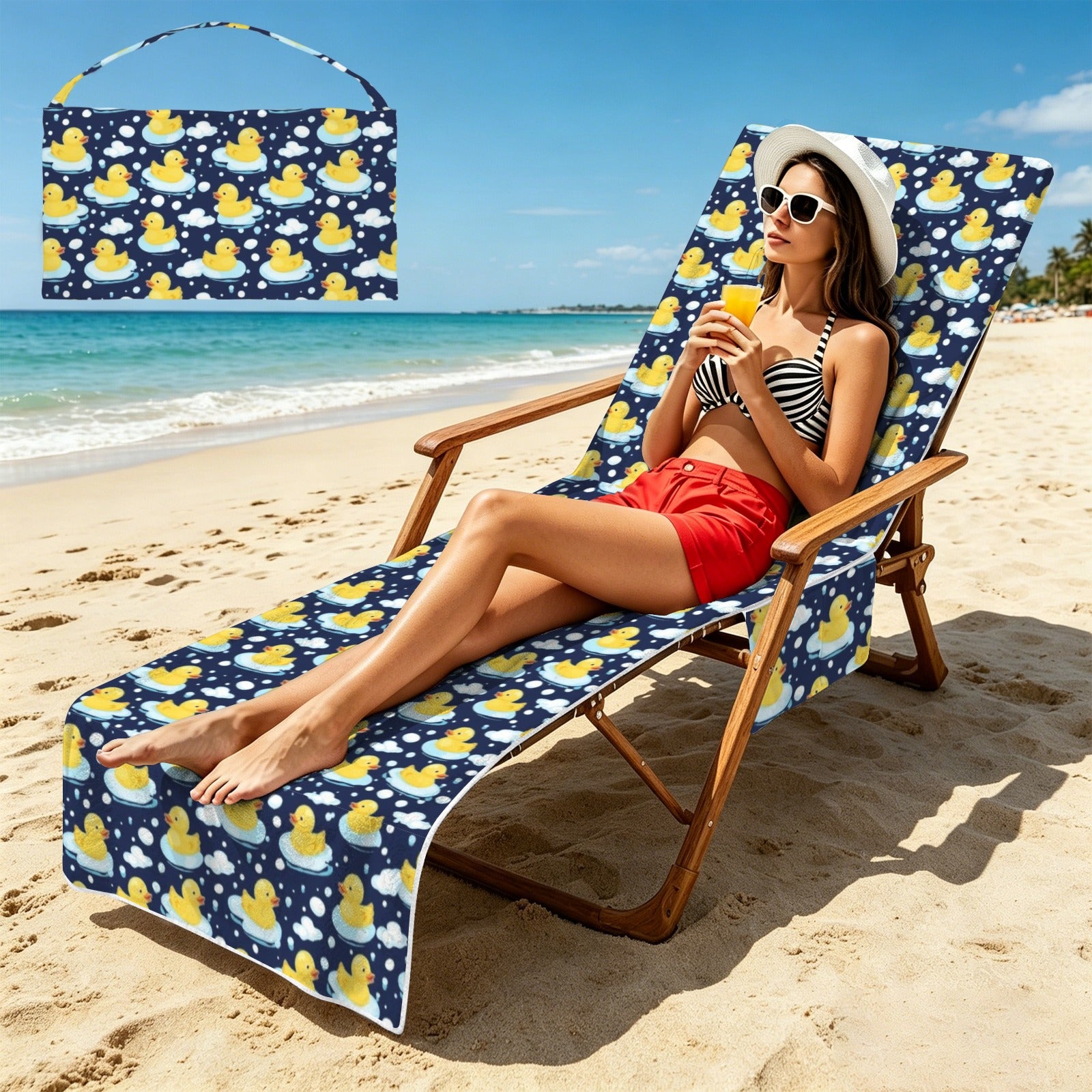 Rubber Ducks On Dark Beach Chair Towel Cover with Side Pockets