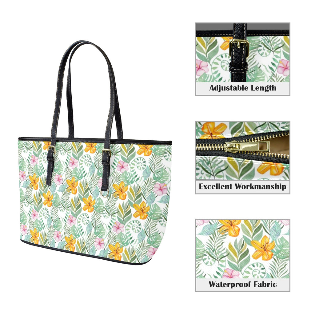 Tropical Flowers And Leaves PU Leather Tote Bag Large Leather Tote Bag-Large Plants Printed Offshore