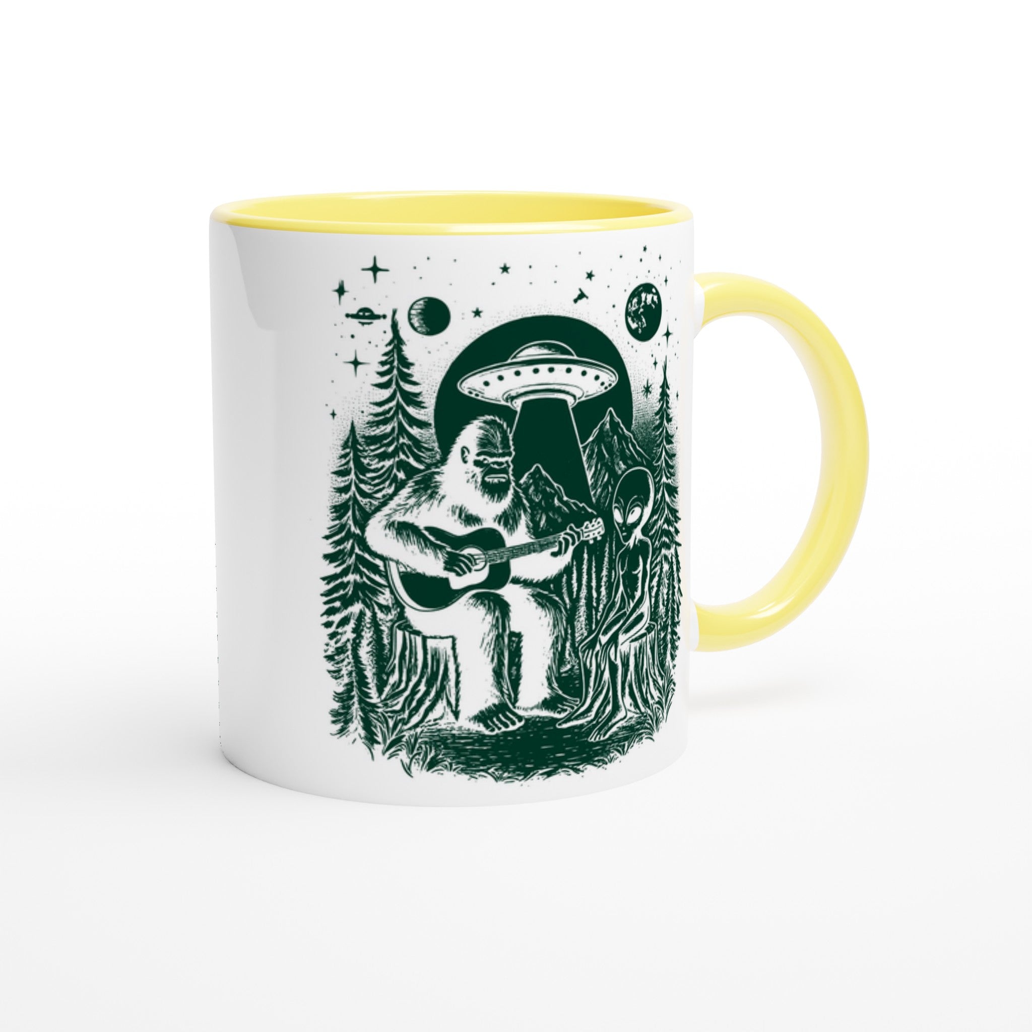 Alien And Bigfoot Play Guitar - White 11oz Ceramic Mug with Color Inside Colour 11oz Mug Globally Fulfilled Music Sci Fi