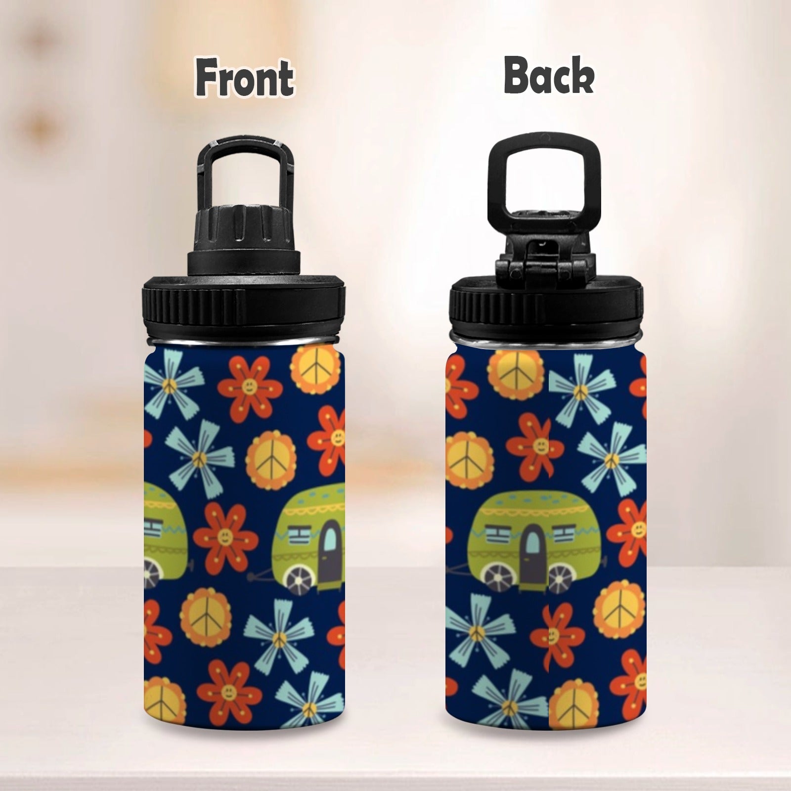 Hippy Caravan - Kids Water Bottle with Chug Lid (12 oz) Kids Water Bottle with Chug Lid Printed Offshore Retro