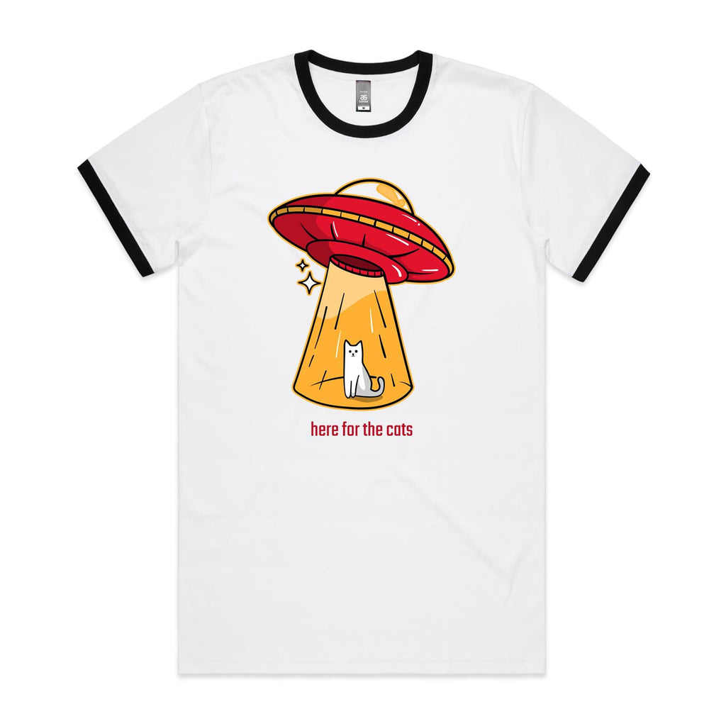 UFO, Here For The Cats - Staple Ringer Tee White Black Ringer T-Shirt animal Printed In Australia Sci Fi