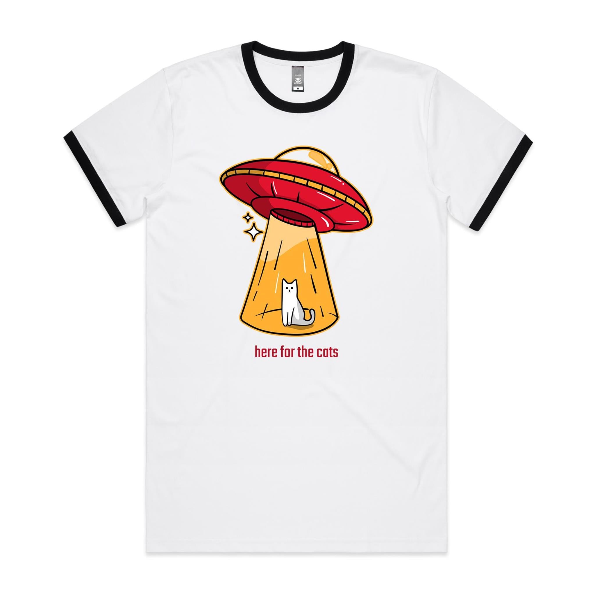 UFO, Here For The Cats - Staple Ringer Tee White Black Ringer T-Shirt animal Printed In Australia Sci Fi