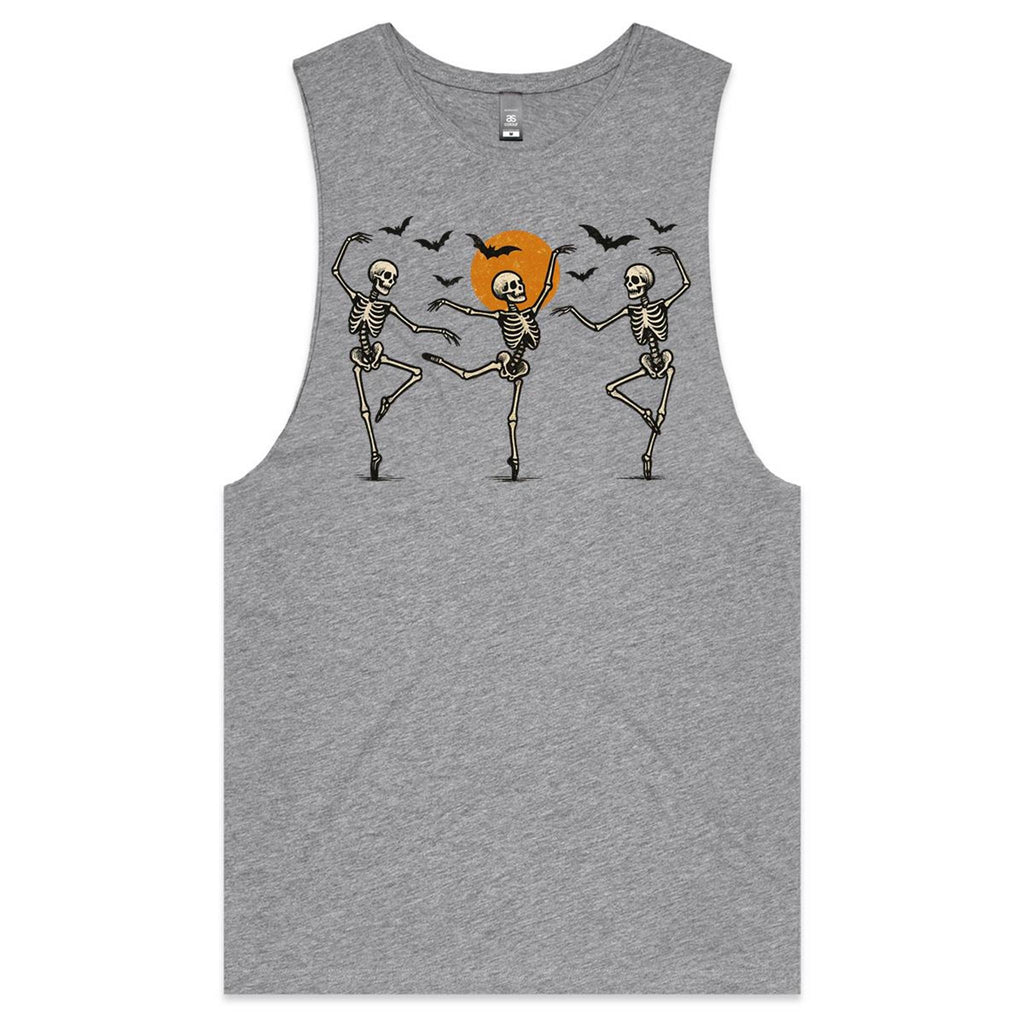 Skeleton Dance - Mens Tank Top Tee Grey Marle Drop Arm Tank Top Halloween Printed In Australia