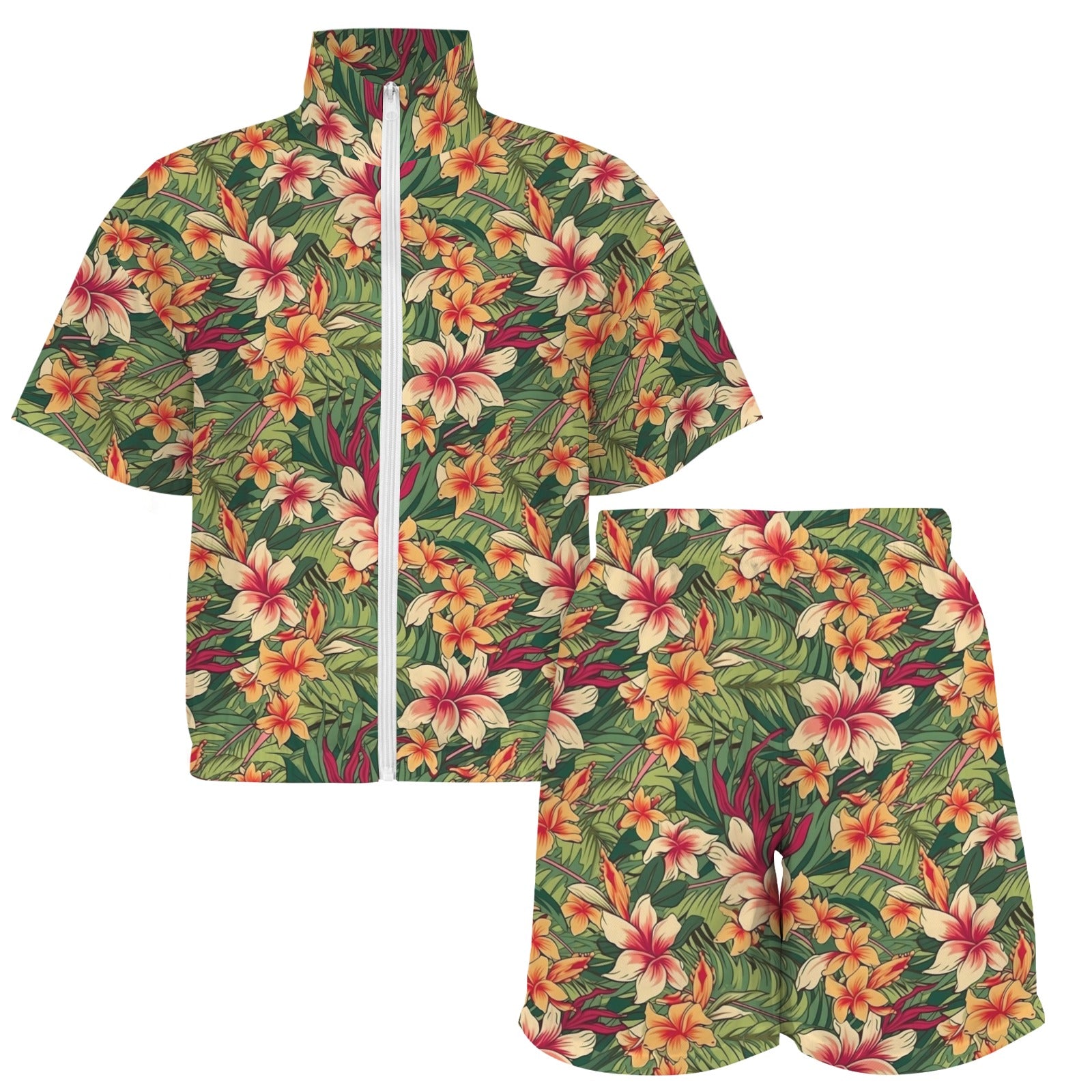 Vintage Hawaiian Floral Women's Windbreaker Short Set Women's Windbreaker Short Set Plants Printed Offshore