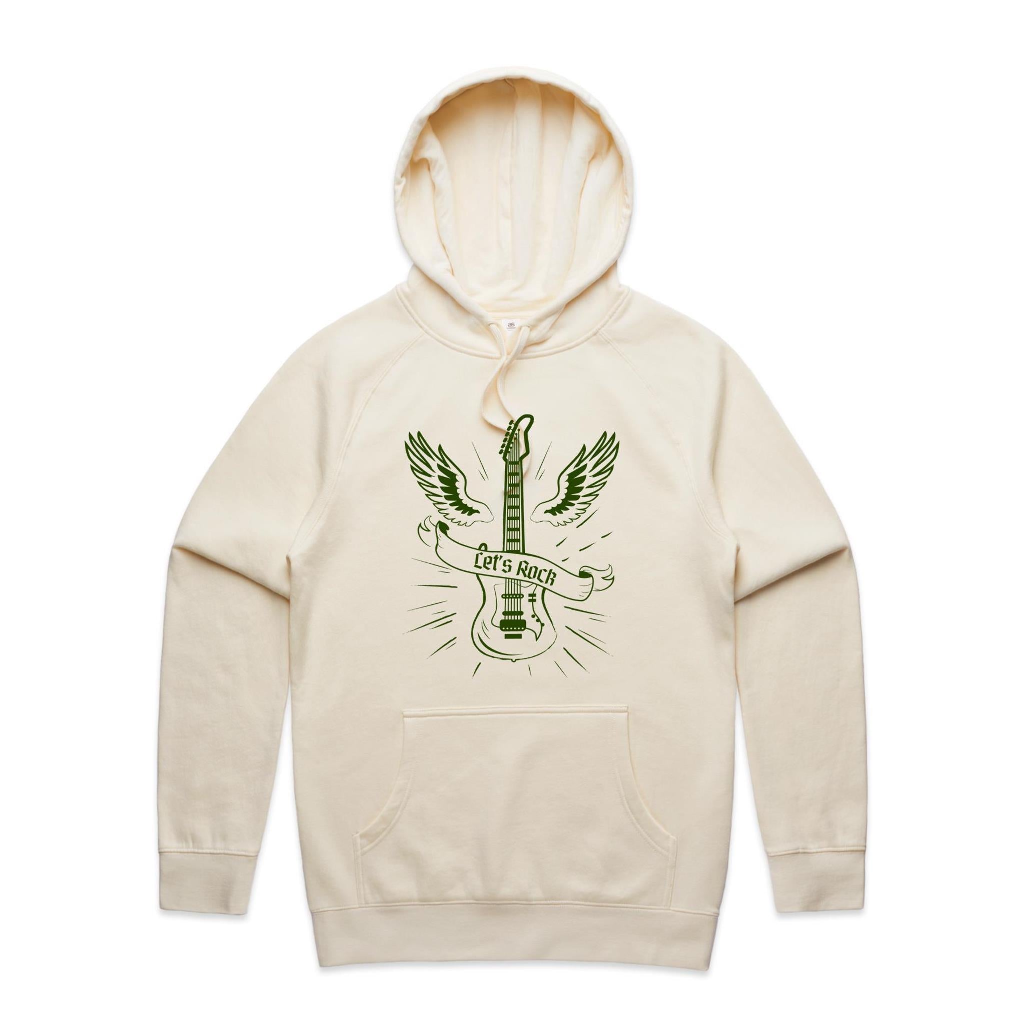 Guitar, Let's Rock - Mens Hoodie Ecru Mens Hoodie Music Printed In Australia