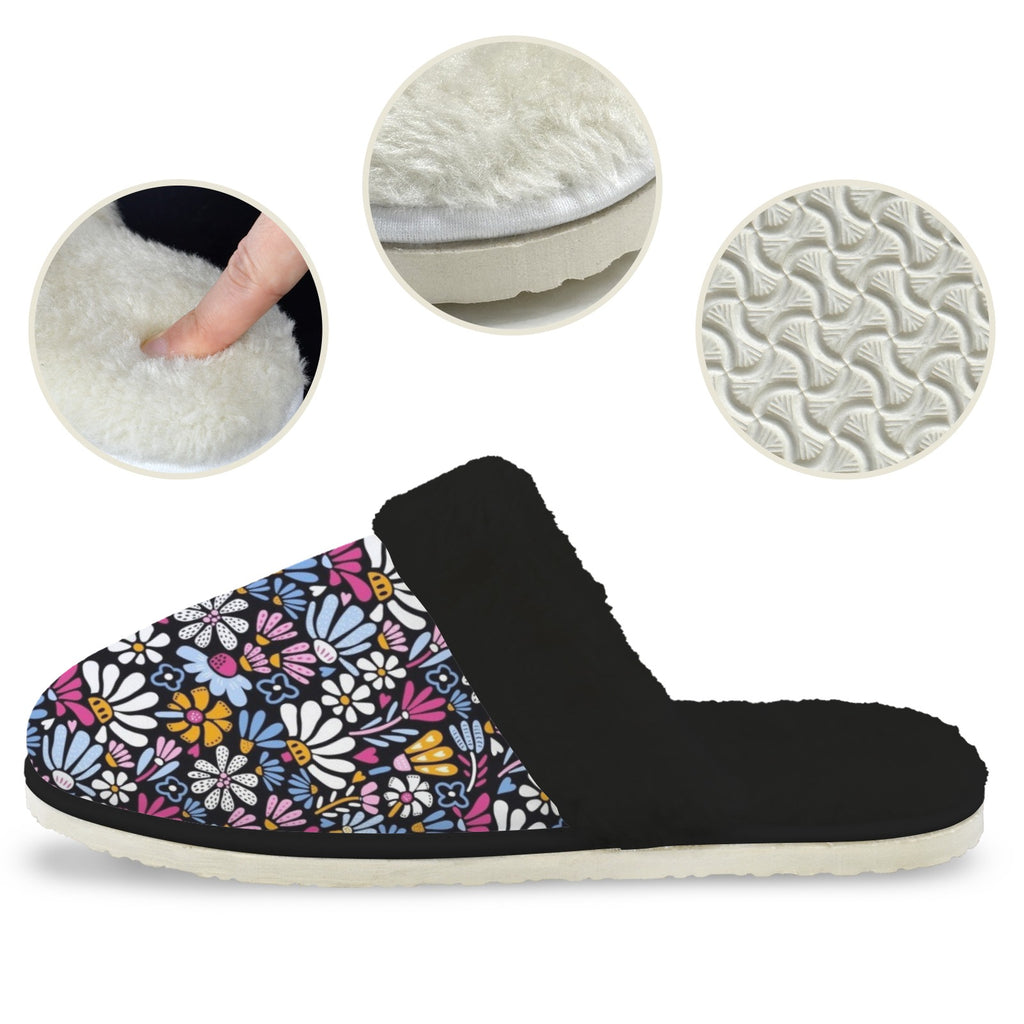 Graphic Flowers On Black Women's Fur Trim Thick-Sole Indoor Slippers Women's Fur Trimmed Slippers Plants Printed Offshore