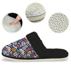 Graphic Flowers On Black Women's Fur Trim Thick-Sole Indoor Slippers Women's Fur Trimmed Slippers Plants Printed Offshore