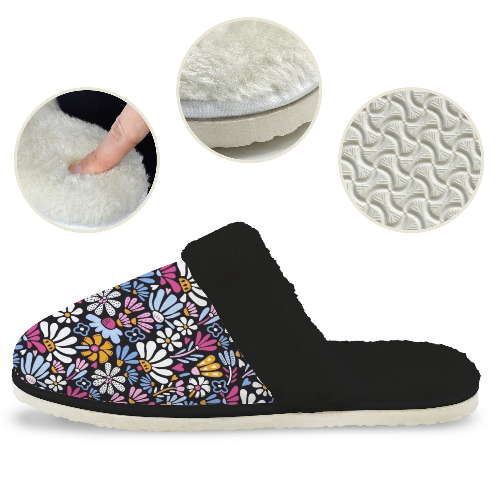 Graphic Flowers On Black Women's Fur Trim Thick-Sole Indoor Slippers Women's Fur Trimmed Slippers Plants Printed Offshore