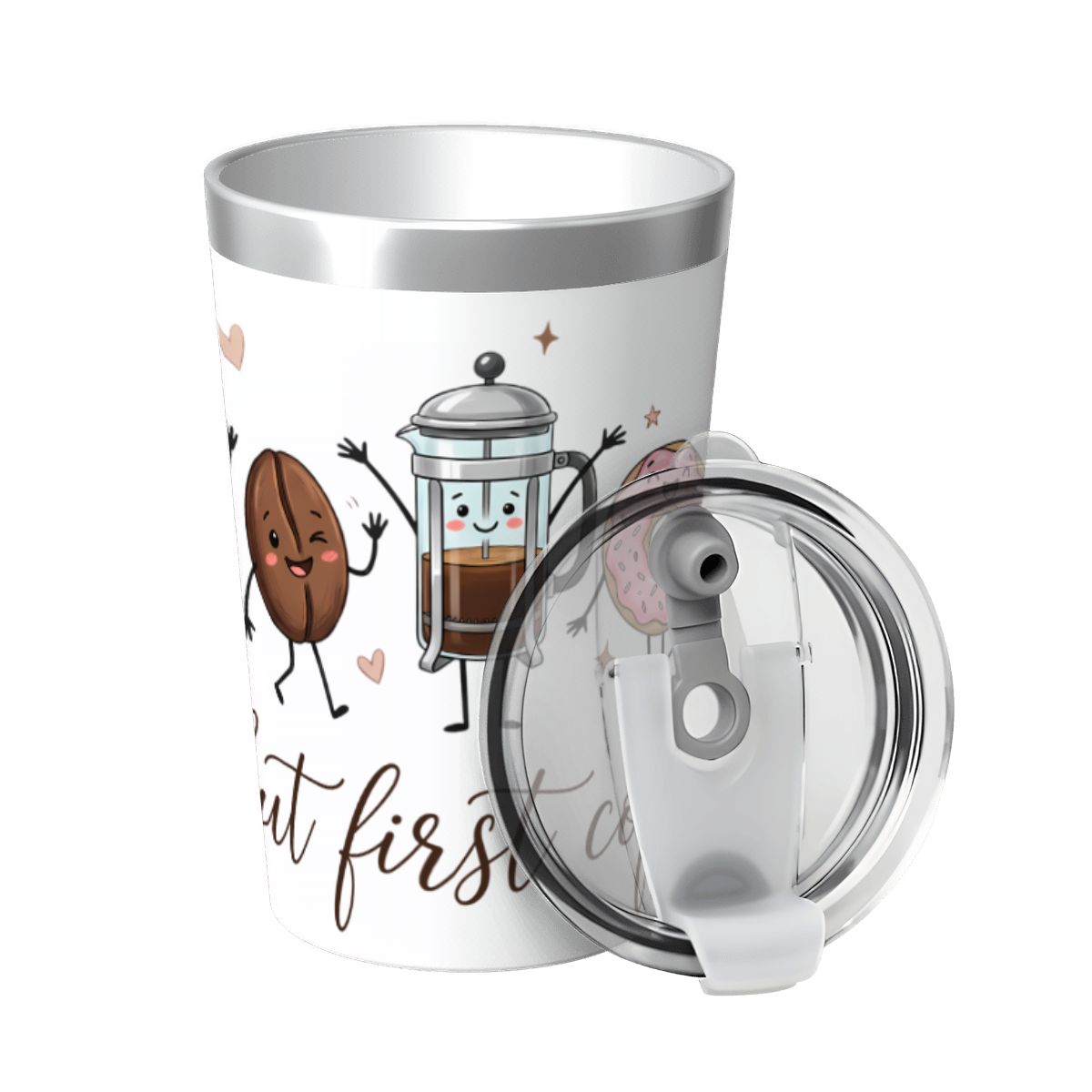 But First Coffee, Cute Characters Small Stainless Steel Travel Mug Cup 12oz/350ml