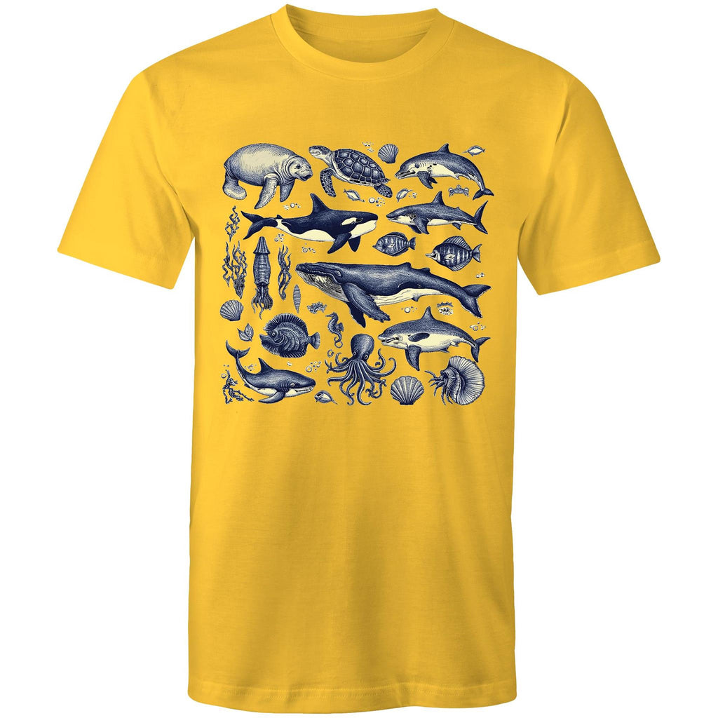 Sea Creatures - Mens T-Shirt Yellow Mens T-shirt animal Printed In Australia
