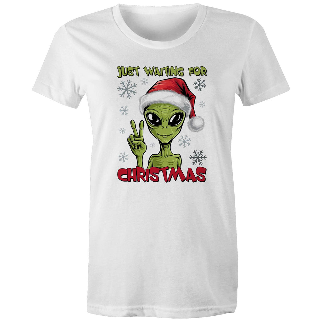 Just Waiting For Christmas, Alien - Womens T-shirt White Womens Christmas T-shirt Christmas Printed In Australia