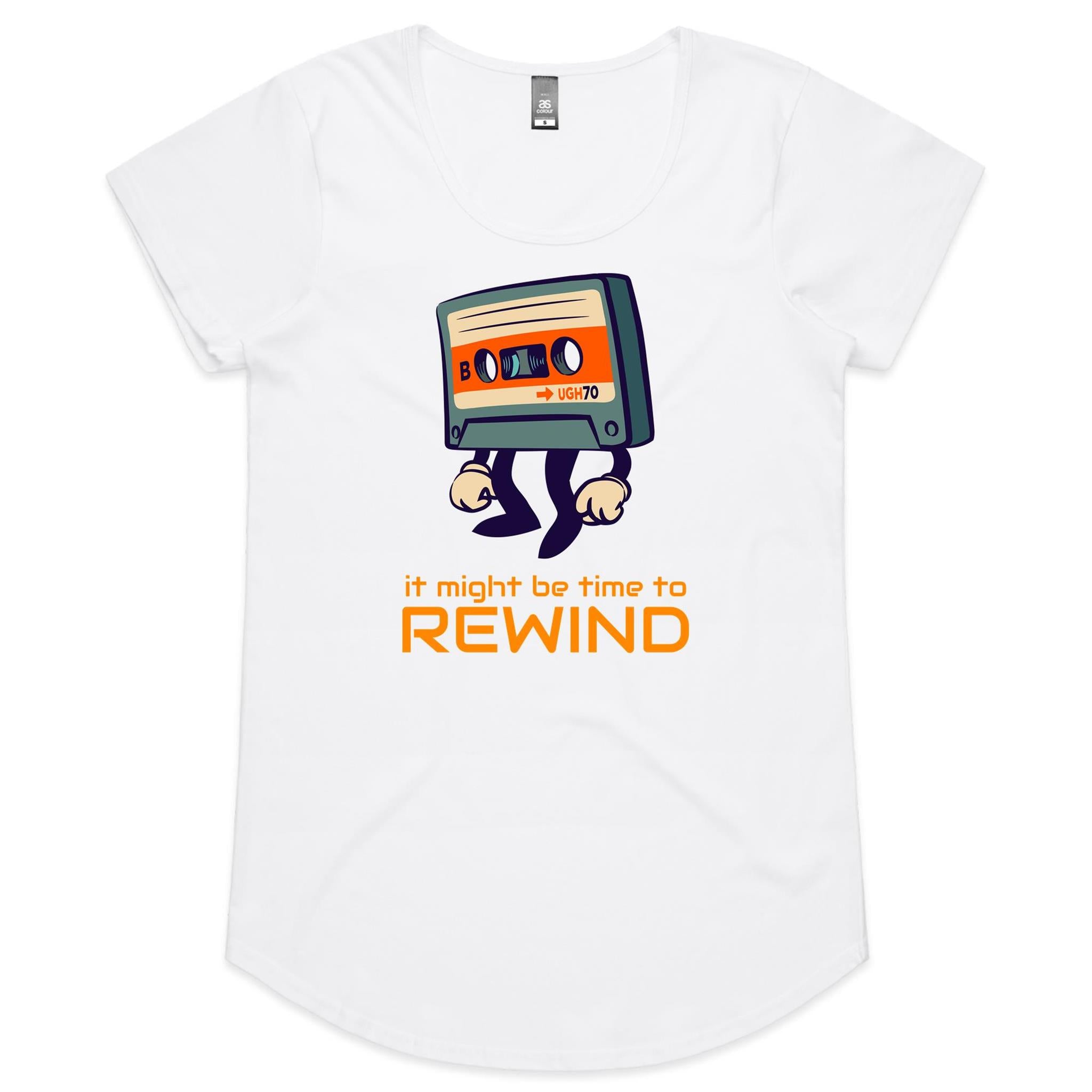 It Might Be Time To Rewind, Cassette Tape - Womens Scoop Neck T-Shirt White Womens Scoop Neck T-shirt Music Printed In Australia Retro