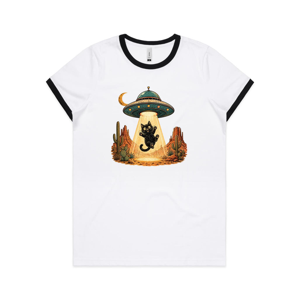 Black Cat Alien UFO Abduction Women's AS Colour Ringer Tee