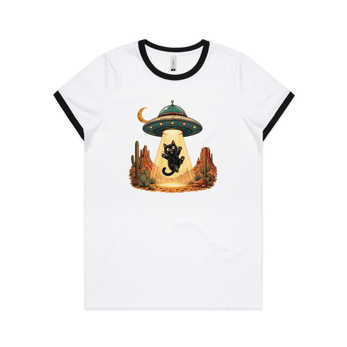 Black Cat Alien UFO Abduction Women's AS Colour Ringer Tee
