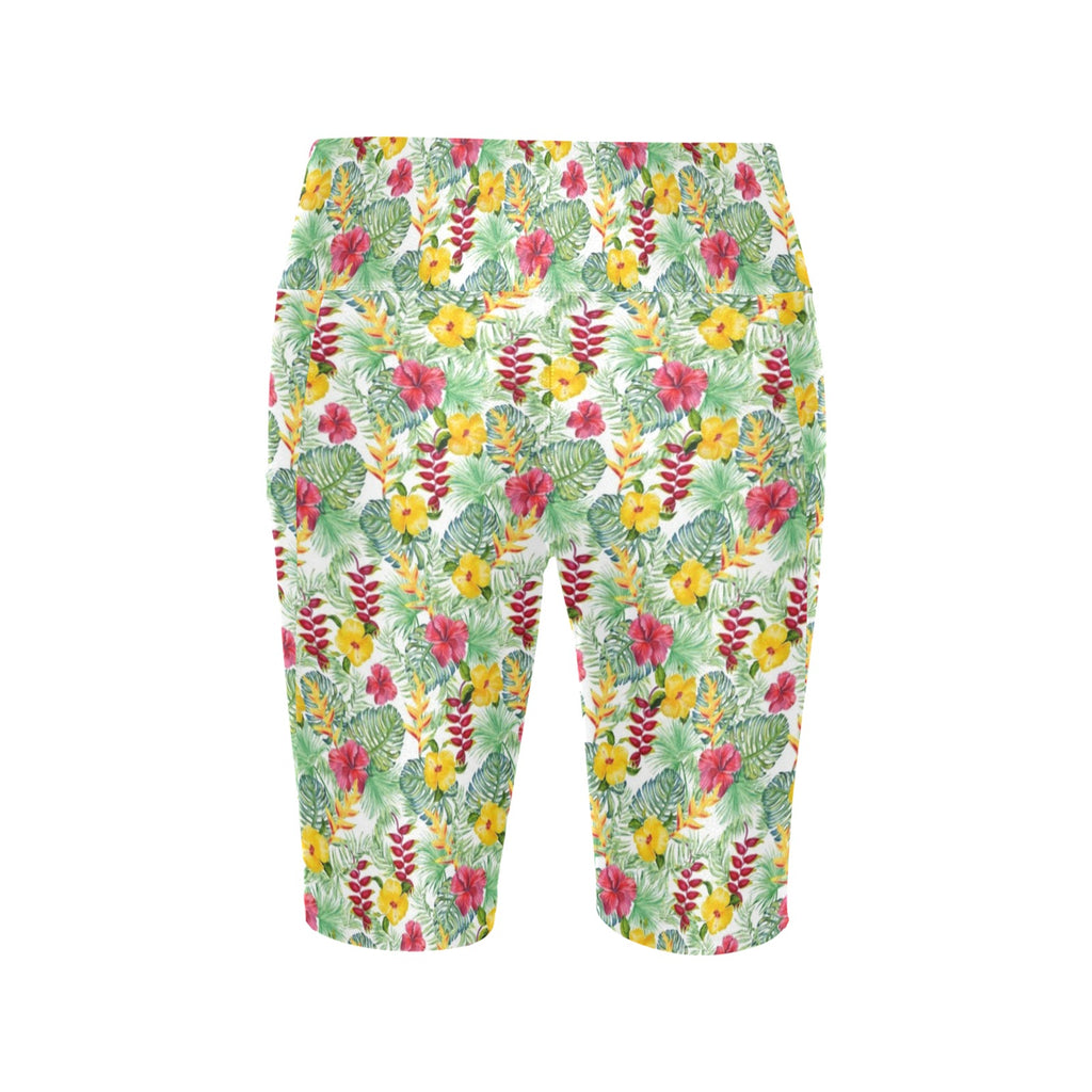 Tropical Flowers On White Women's Bike Shorts With Side Pockets