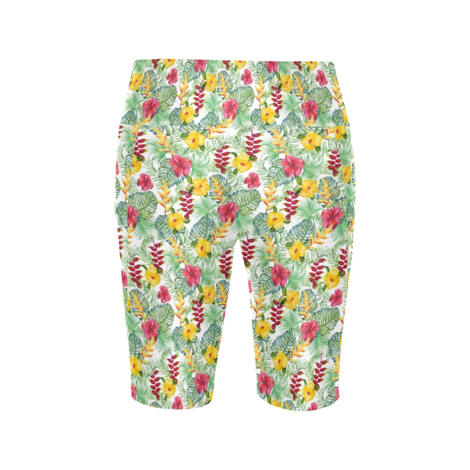 Tropical Flowers On White Women's Bike Shorts With Side Pockets