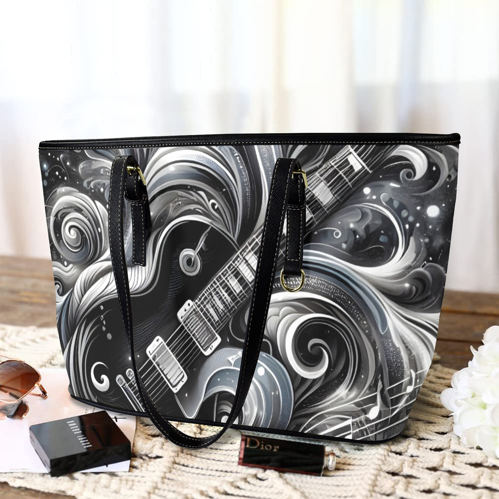 Guitar Black Swirl PU Leather Tote Bag Large Leather Tote Bag-Large Music Printed Offshore