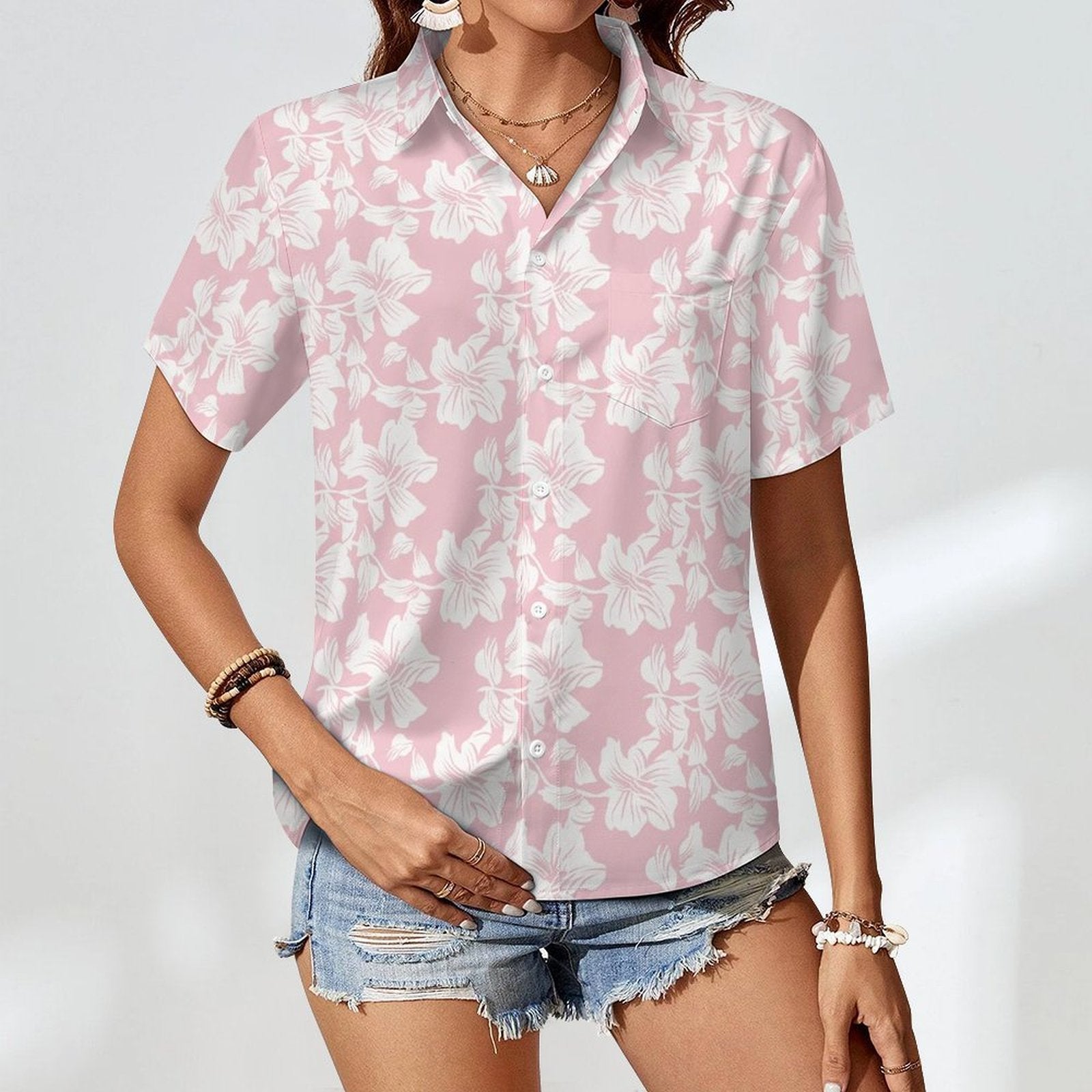 Pink Hawaiian Flower - Women's Short-Sleeve Button Up Shirt