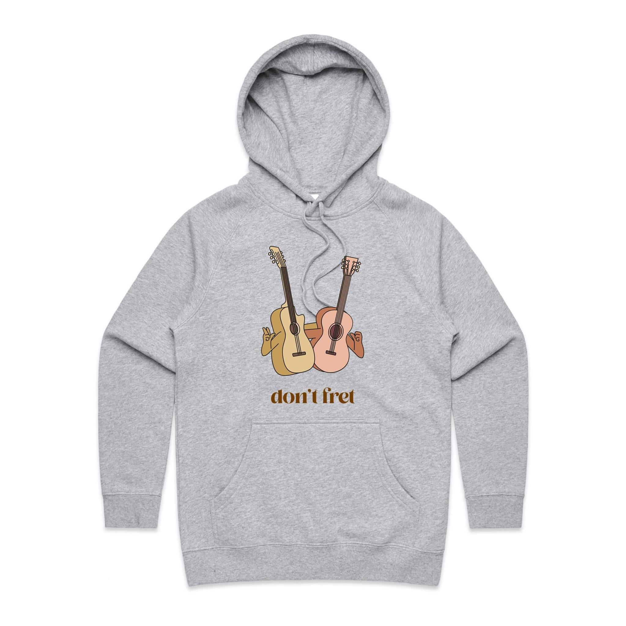 Guitars, Don't Fret - Womens Hoodie Grey Marle Womens Hoodie Music Positivity Printed In Australia