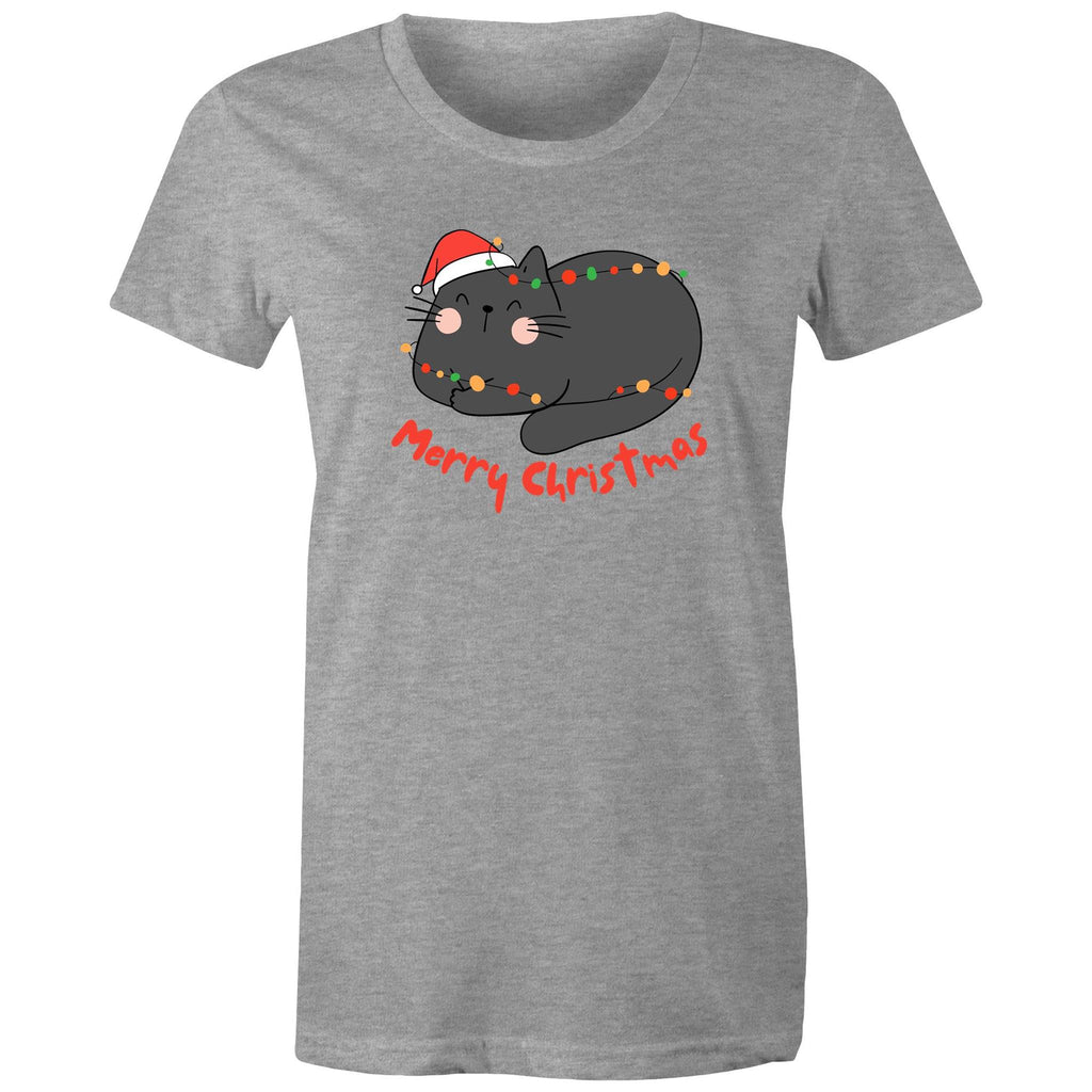 Merry Christmas Cat - Womens T-shirt Grey Marle Womens Christmas T-shirt Christmas Printed In Australia