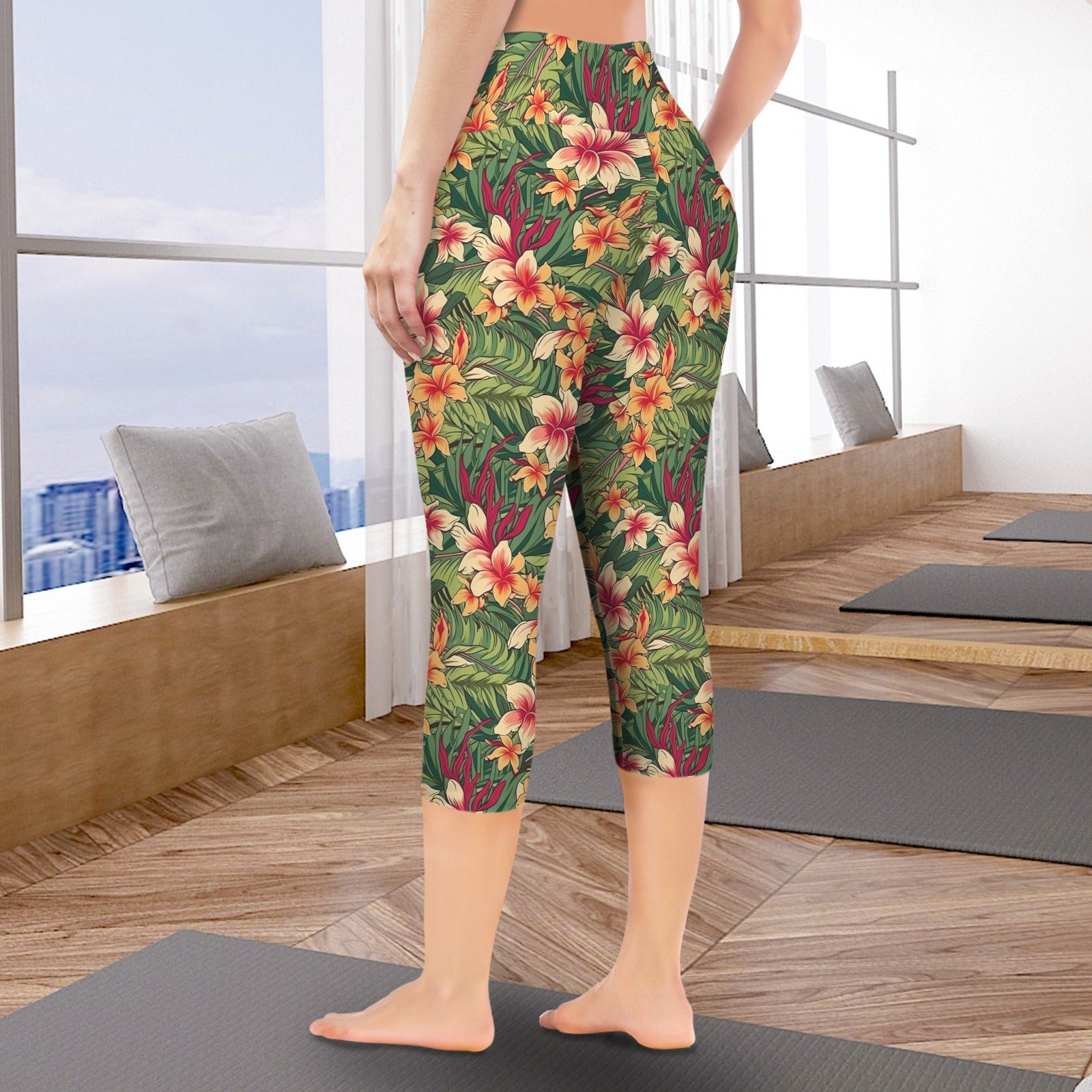 Vintage Hawaiian Floral Women's High Waist Pocket Capri Yoga Leggings Women's High Waist Capri Yoga Leggings Plants Printed Offshore