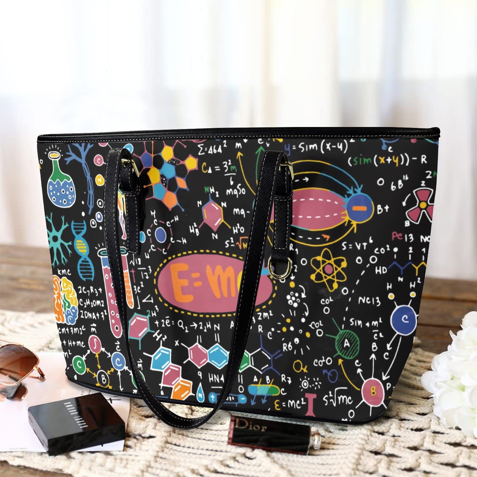 Science Time Blackboard - Leather Tote Bag-Large