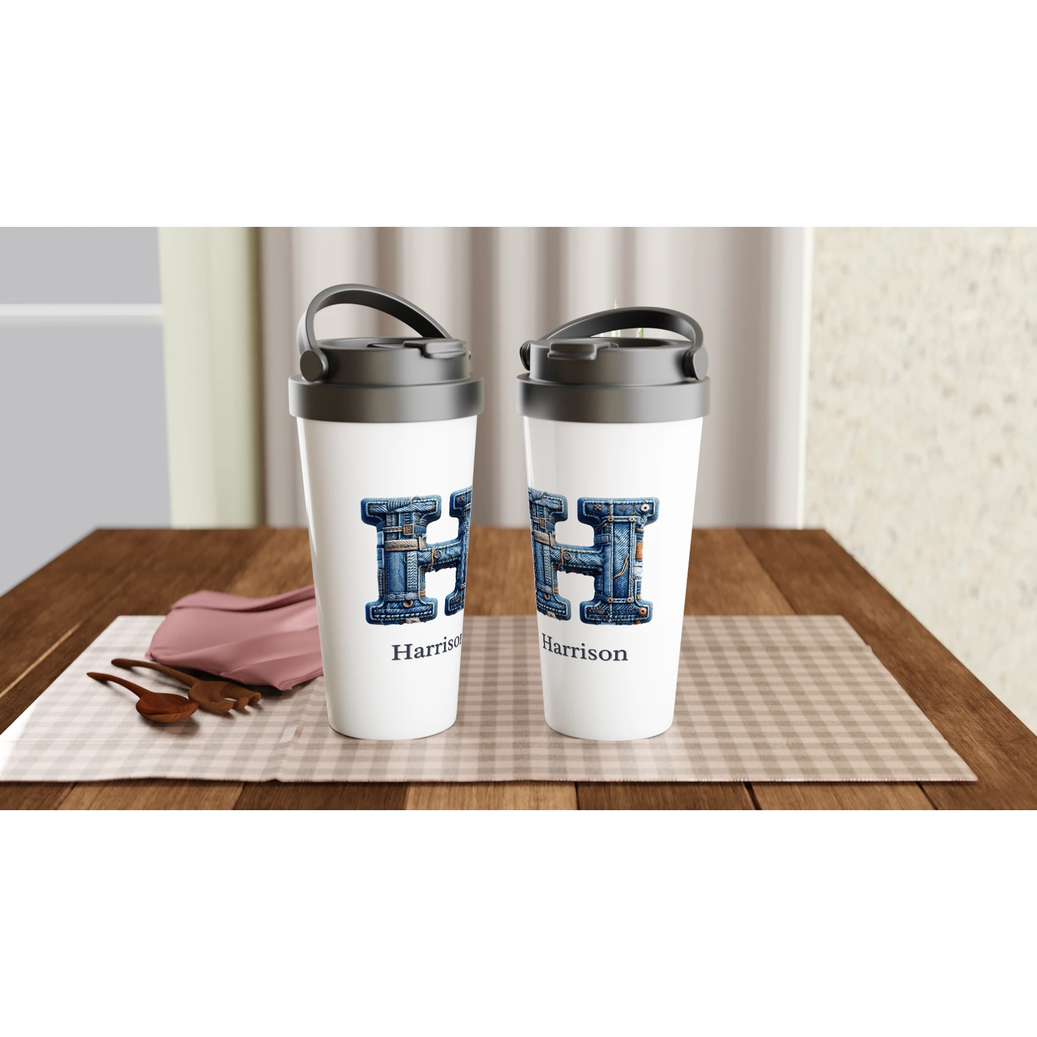 Blue Denim Initial - White 15oz Stainless Steel Travel Mug Personalised Travel Mug customise Globally Fulfilled Initial Name personalise