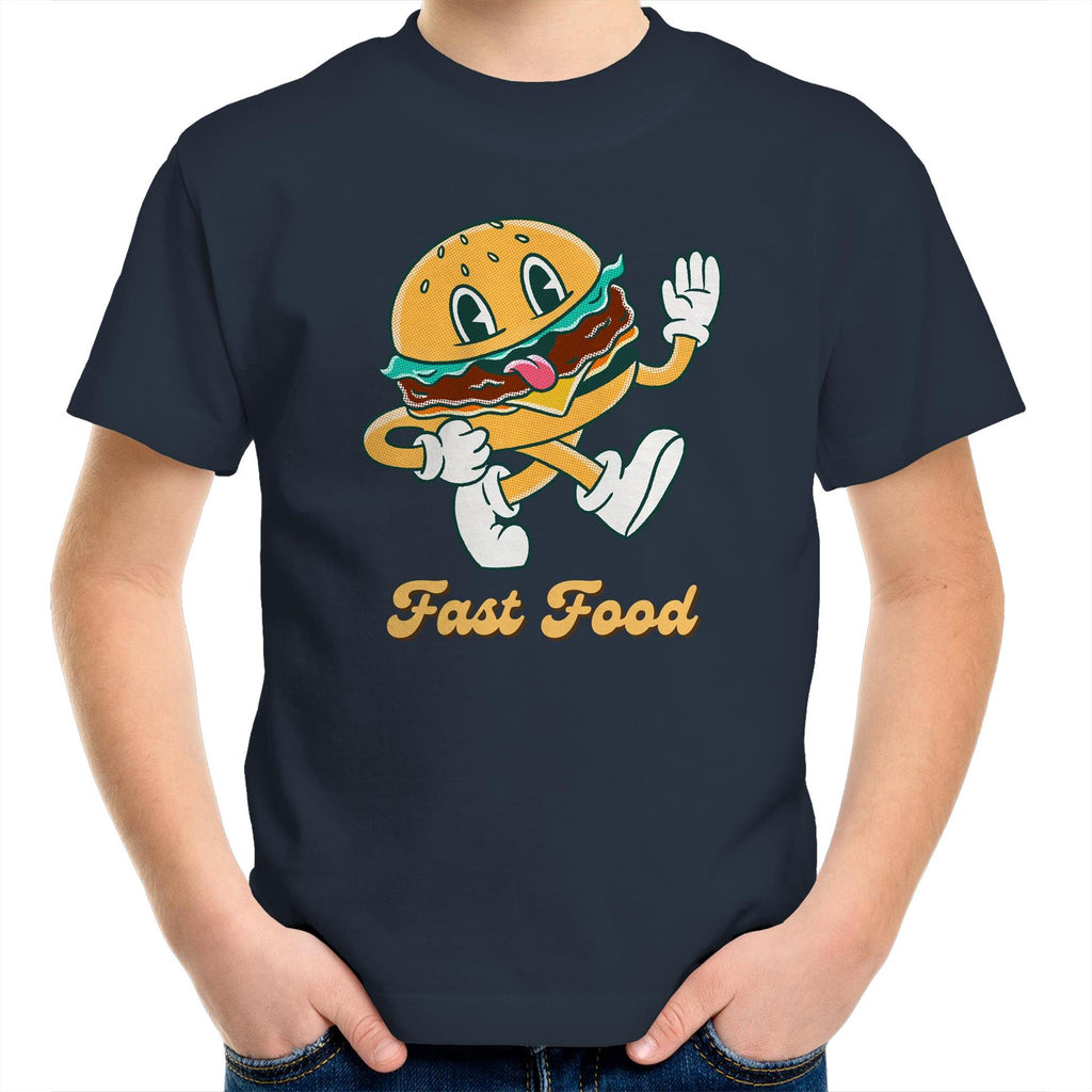 Fast Food, Hamburger - Kids Youth T-Shirt Navy Kids Youth T-shirt Food Printed In Australia Retro