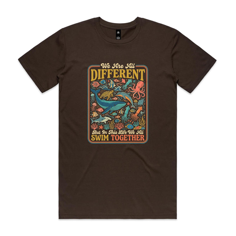 We Are All Different, But We All Swim Together - Men's AS Colour T-shirt Dark Chocolate Mens T-shirt animal Ocean Positivity Printed In Australia