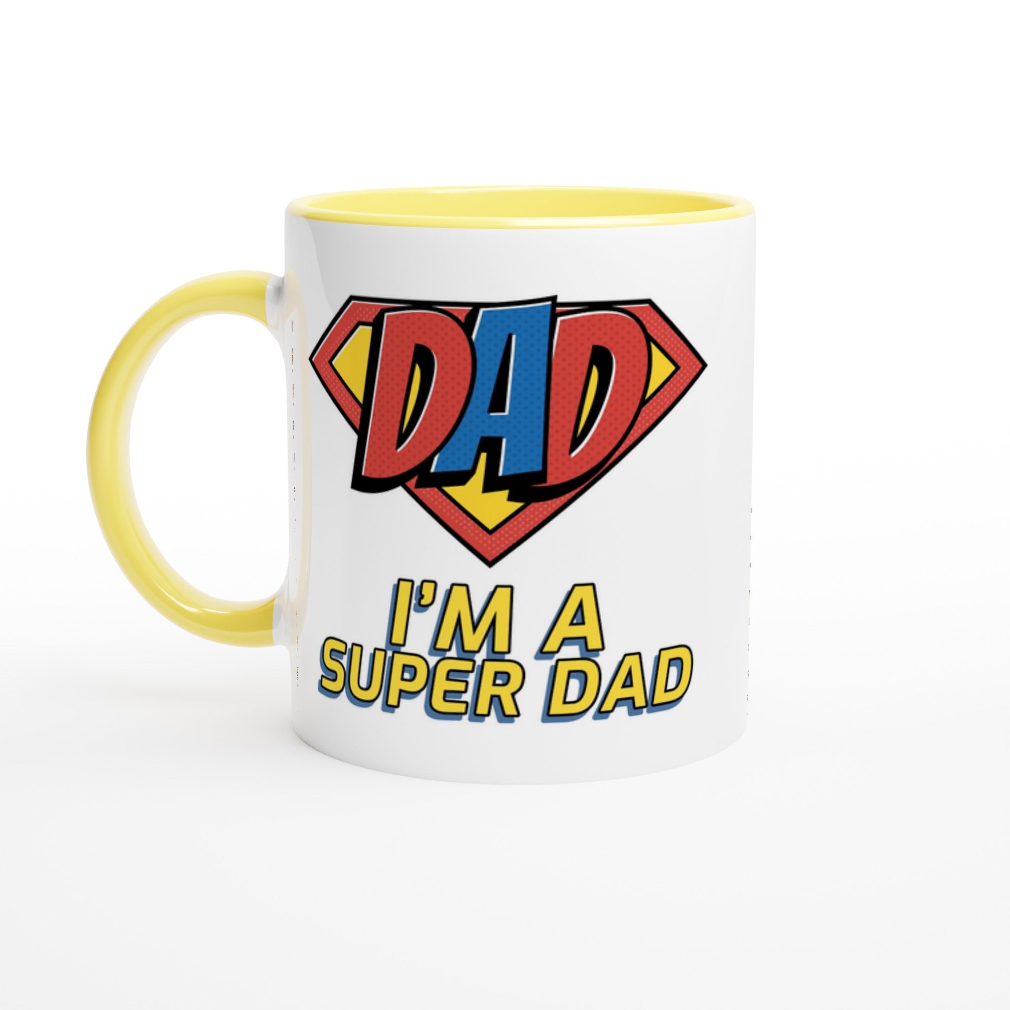 I'm A Super Dad - White 11oz Ceramic Mug with Colour Inside Ceramic Yellow Colour 11oz Mug comic Dad Globally Fulfilled