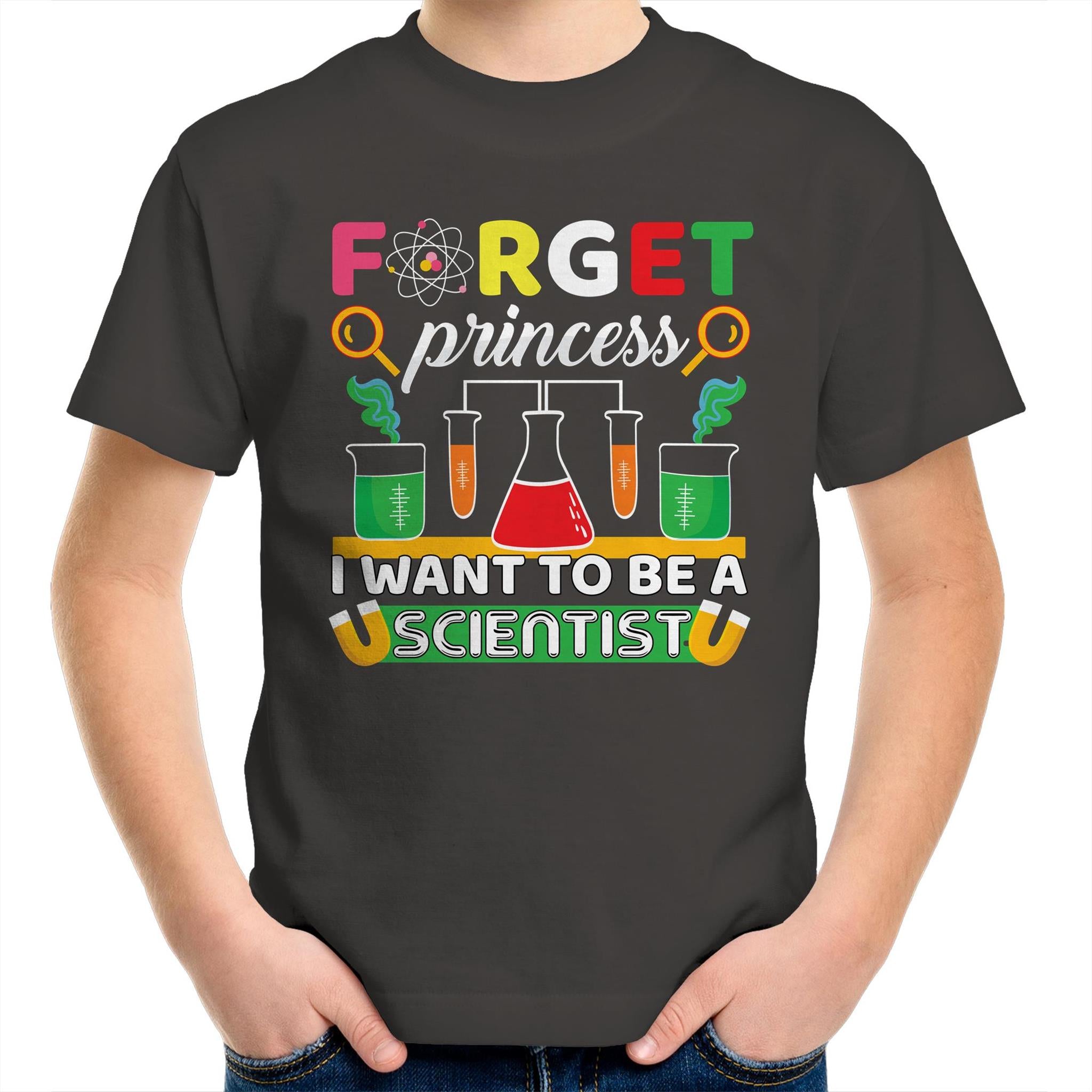 Forget Princess, I Want To Be A Scientist - Kids Youth T-Shirt Charcoal Kids Youth T-shirt Printed In Australia Science