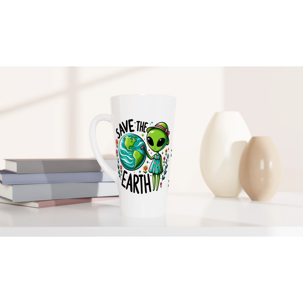 Personalised - Save The Earth, Alien - White Latte 17oz Ceramic Mug Personalised Latte Mug customise Environment Globally Fulfilled personalise Sci Fi