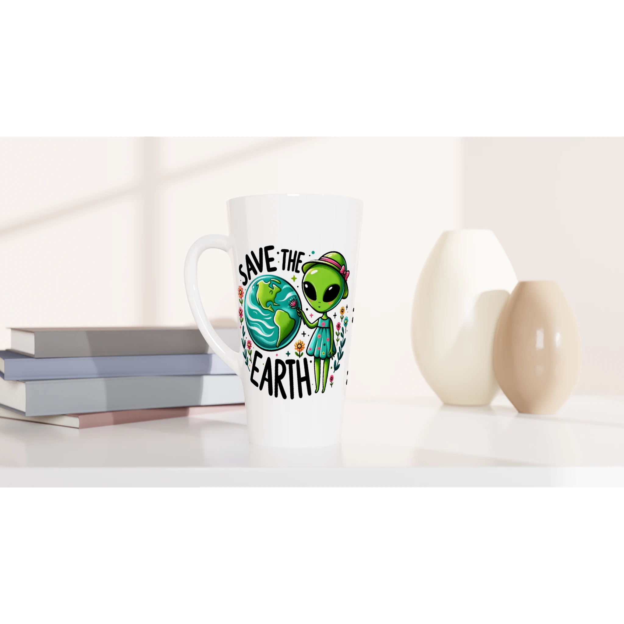 Personalised - Save The Earth, Alien - White Latte 17oz Ceramic Mug Personalised Latte Mug customise Environment Globally Fulfilled personalise Sci Fi
