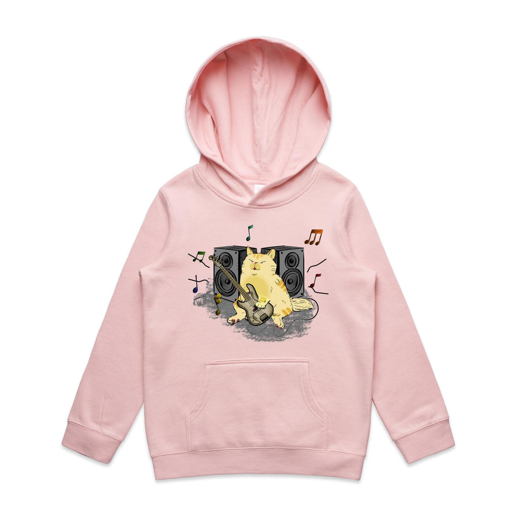 Cat Bass Player - Kids Hoodie Pink Kids Hoodie Printed In Australia