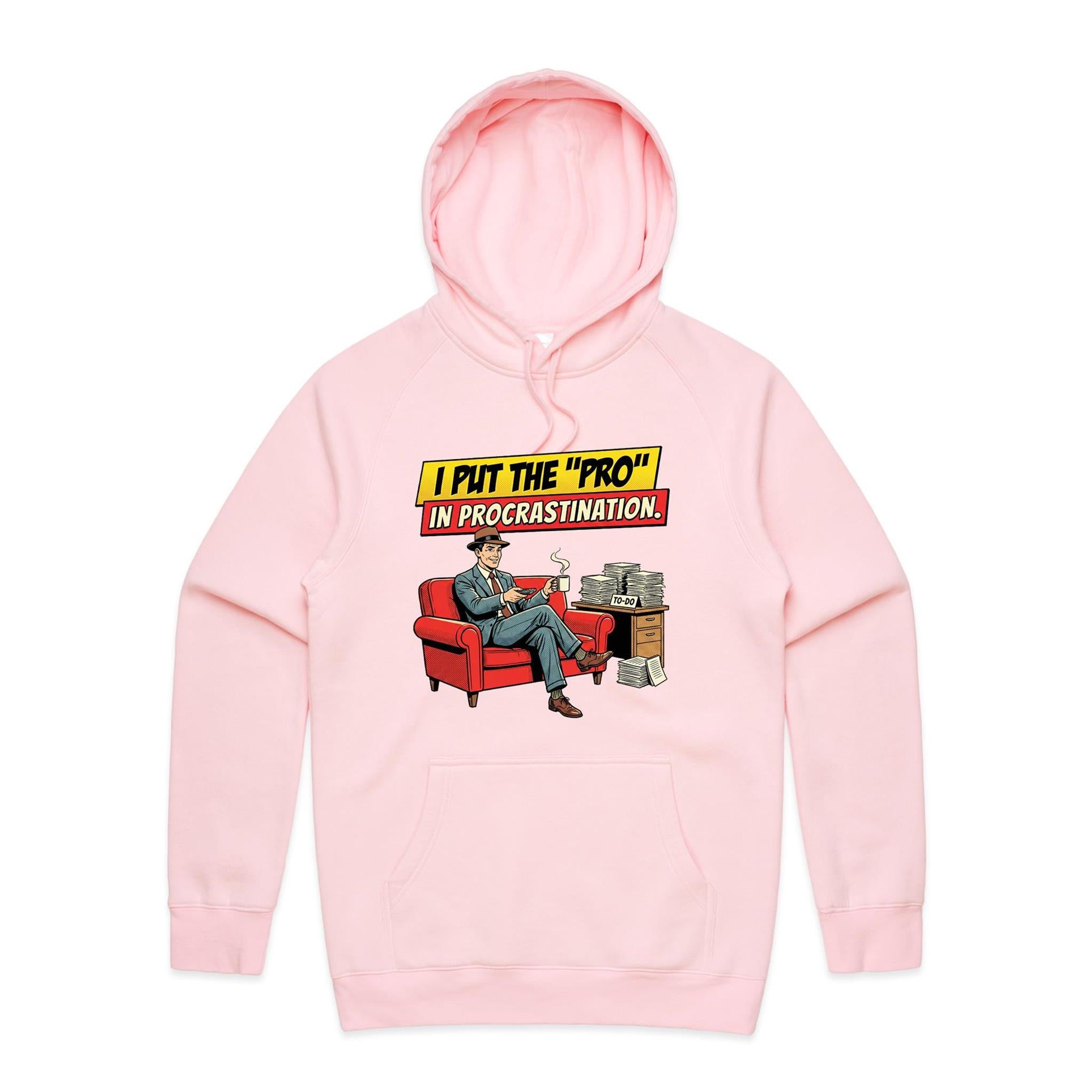 I Put The Pro In Procrastination, Retro Gentleman Men's AS Colour Hoodie Pink Mens Hoodie comic Printed In Australia