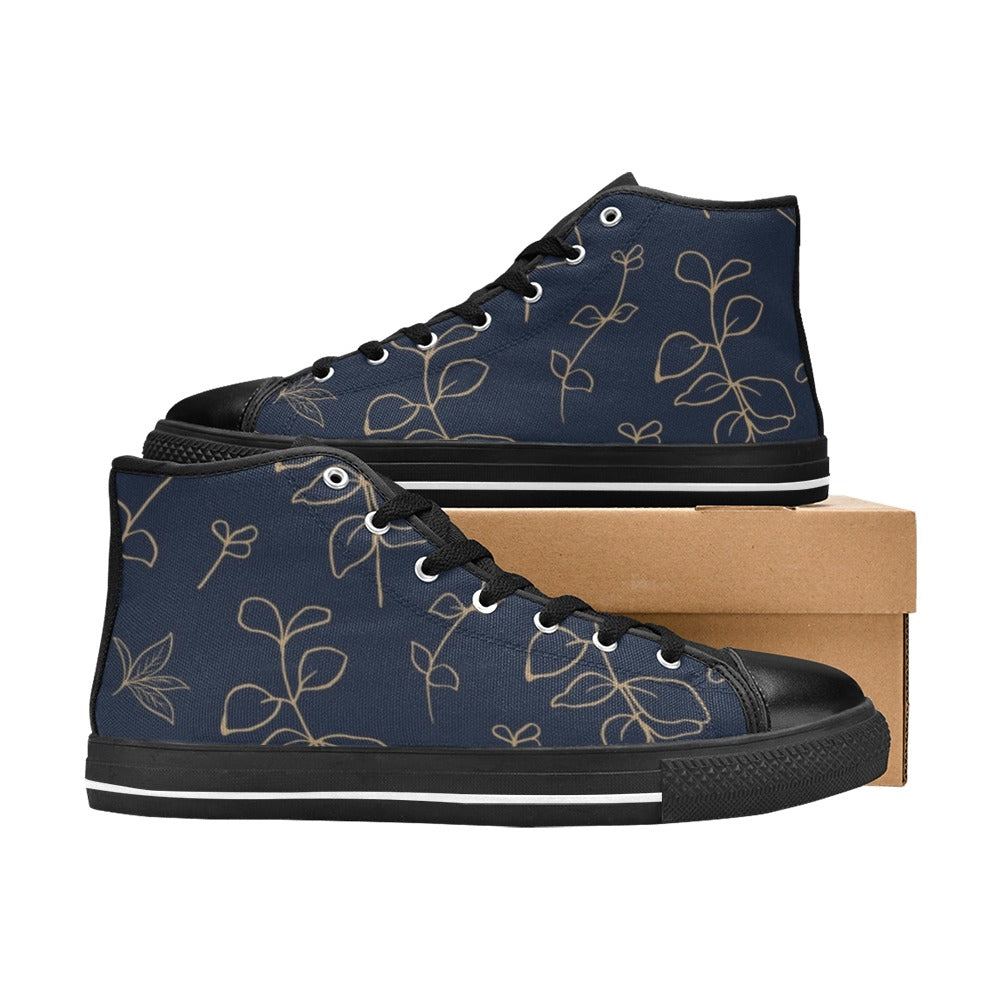 Gold Flowers On Navy - Men's High Top Canvas Shoes