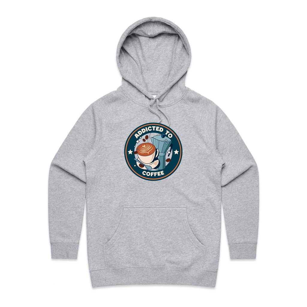Addicted To Coffee - Womens Hoodie Grey Marle Womens Hoodie Coffee Printed In Australia