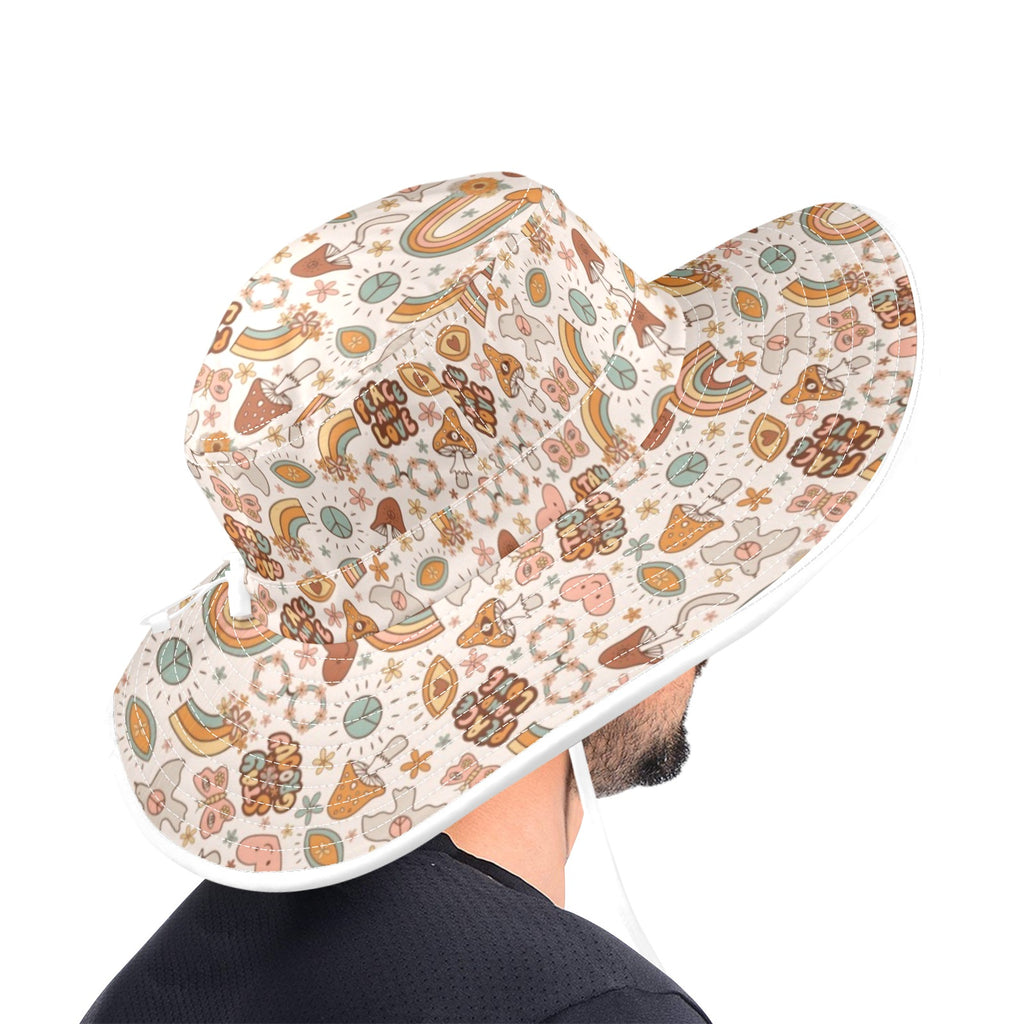 Peace And Love Wide Brim Bucket Hat Wide Brim Bucket Hat Printed Offshore Retro