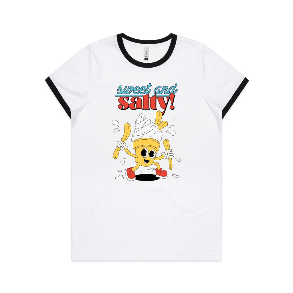 Sweet And Salty, Ice Cream And Fries - Women's Ringer Tee White Black Womens Ringer T-shirt Food Printed In Australia