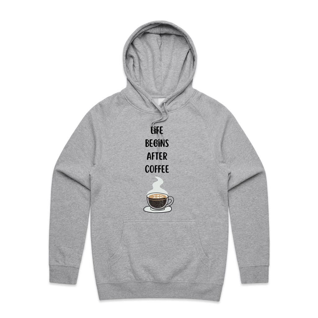 Life Begins After Coffee - Mens Hoodie Grey Marle Mens Hoodie Coffee Printed In Australia