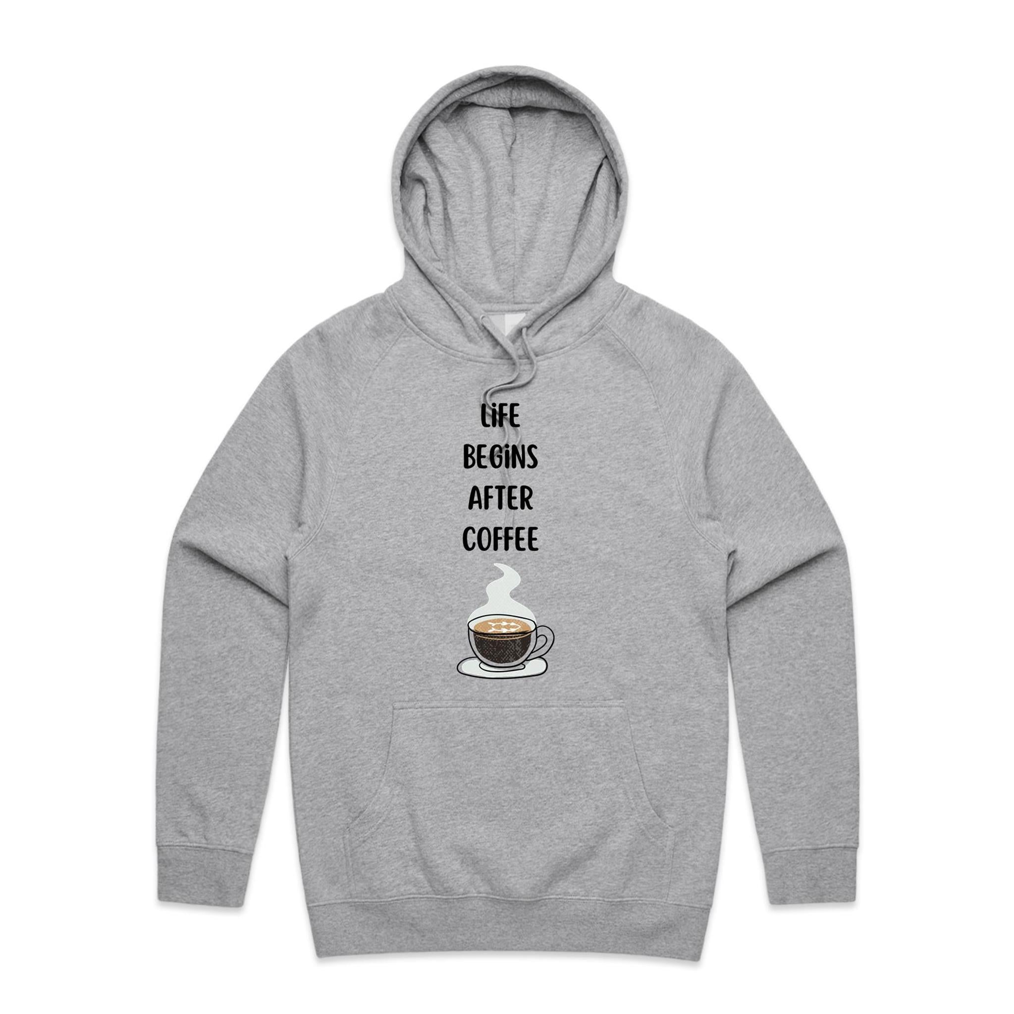 Life Begins After Coffee - Mens Hoodie Grey Marle Mens Hoodie Coffee Printed In Australia