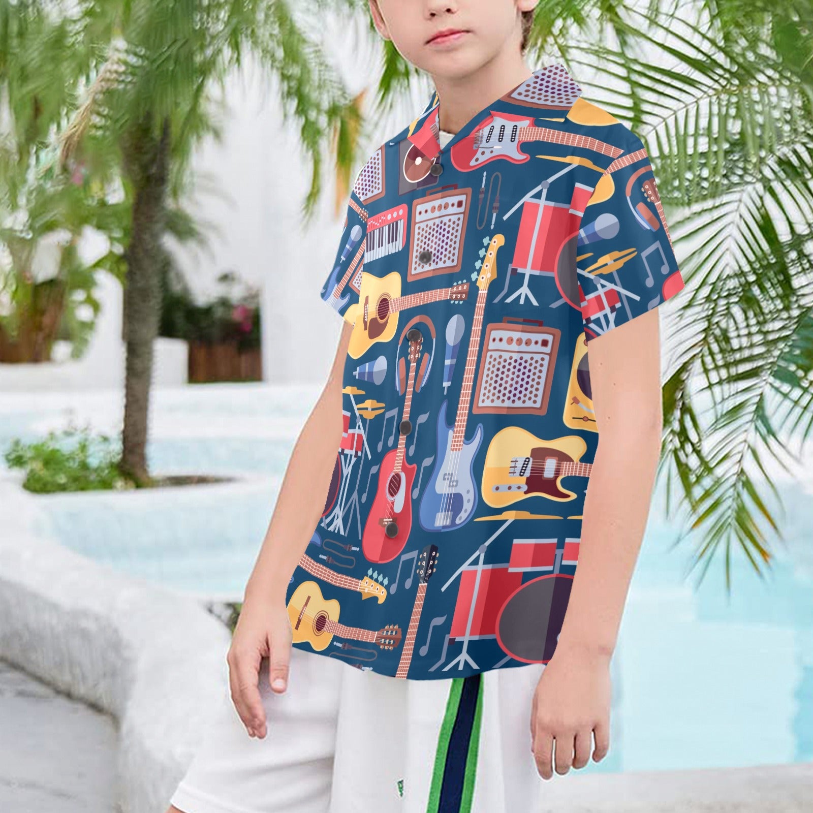 Music Instruments Blue - Senior Kids Hawaiian Shirt