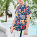 Music Instruments Blue Senior Kids Hawaiian Shirt Senior Kids Hawaiian Shirt 8-15 Music Printed Offshore
